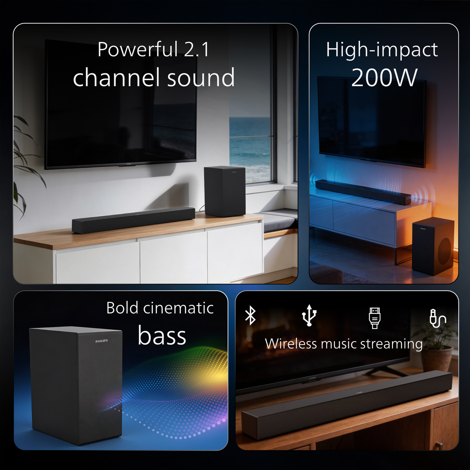 Image of PHILIPS TAB4401 /94 6.5 Inch Subwoofer HDMI ARC, USB & Optical Connectivity 200 W Bluetooth Soundbar