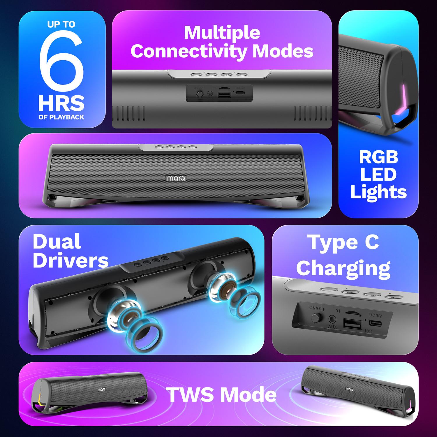 Image of MarQ by Flipkart Thunder with Dual Drivers, Upto 6Hrs of Playback, RGB LED lights 16 W Bluetooth Soundbar