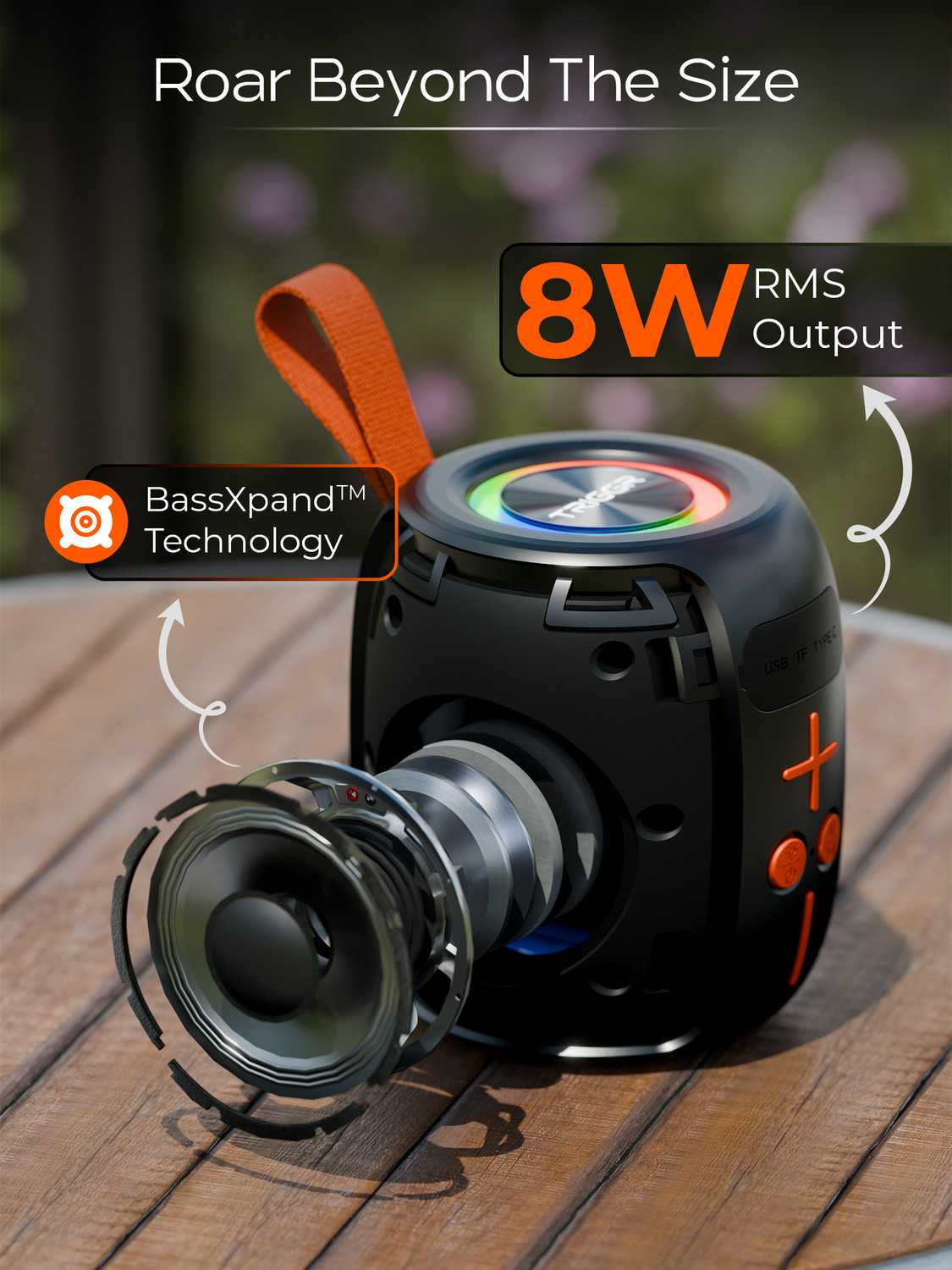 Image of TRIGGR Roar 8 with RGB Lights, Fabric Exterior, TWS & FM Mode, 12H Playtime, BT v5.4 8 W Bluetooth Speaker