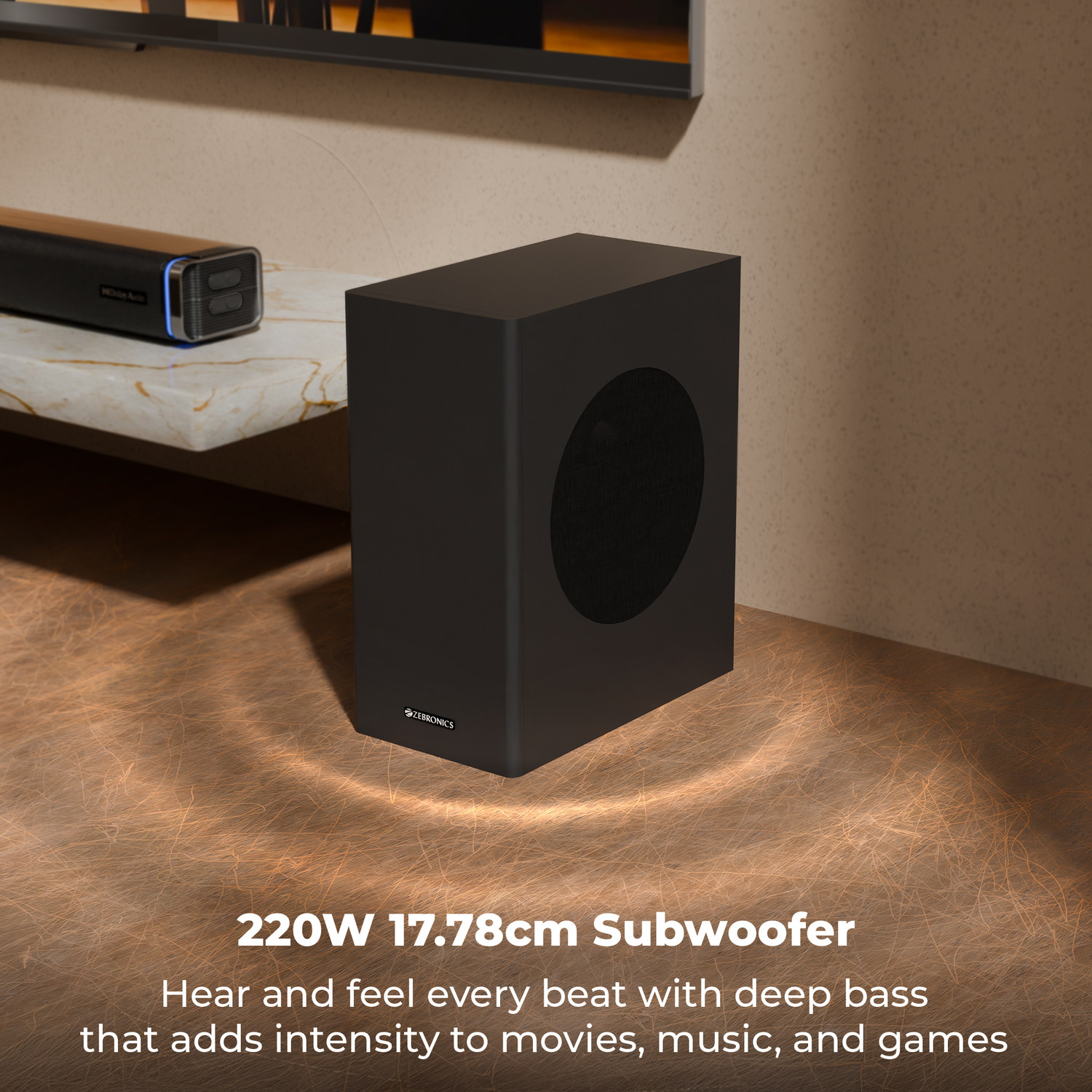 Image of ZEBRONICS Juke Bar 9530 Dolby Audio Wired Subwoofer & Dual Rear Satellites, Wooden Finish 550 W Bluetooth Soundbar