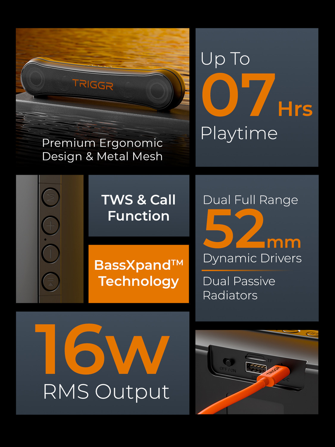 Image of TRIGGR Horizon 16 with Dual Drivers, 7Hrs Playtime, MEMS Mic, TWS Function 16 W Bluetooth Speaker