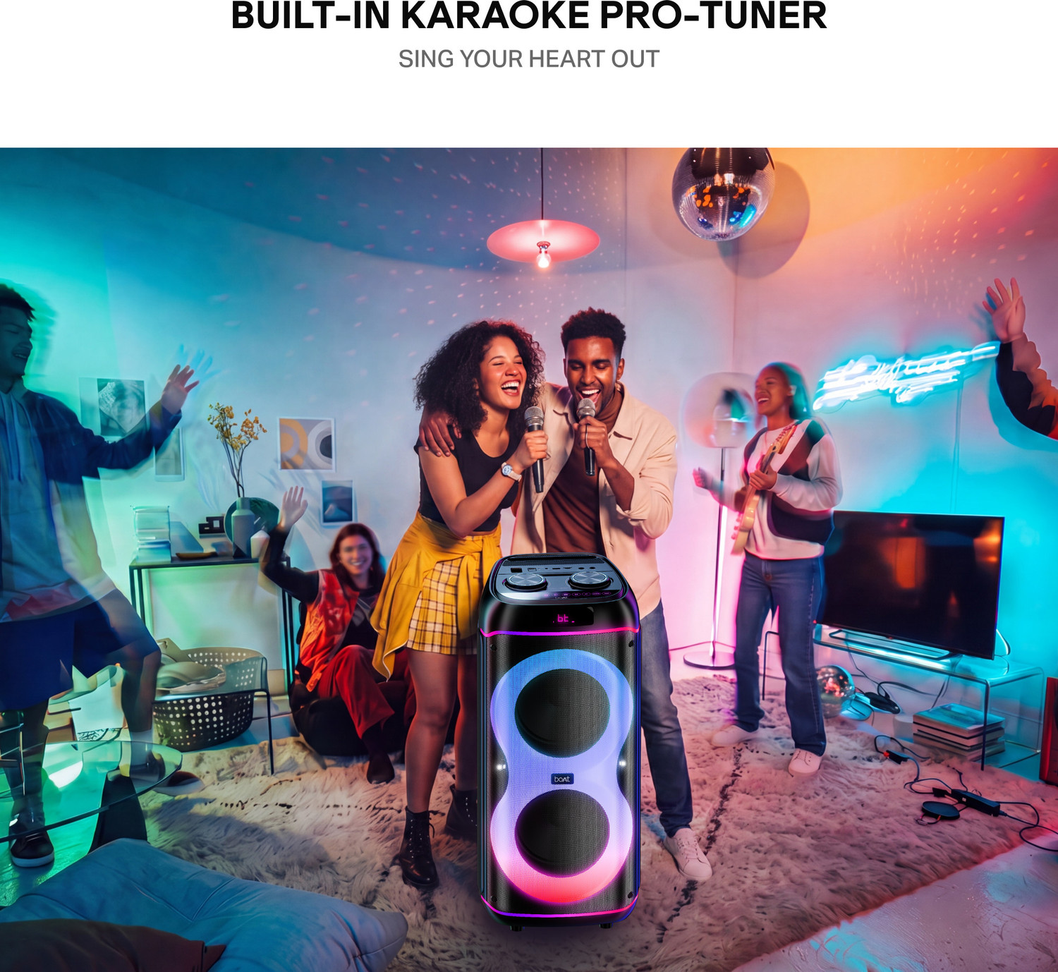 Image of boAt PartyPal 390 Plus,Karaoke Auto-Tuner,UHF Mic,RGB LED,TWS Mode,Guitar Input Port 160 W Bluetooth Tower Speaker