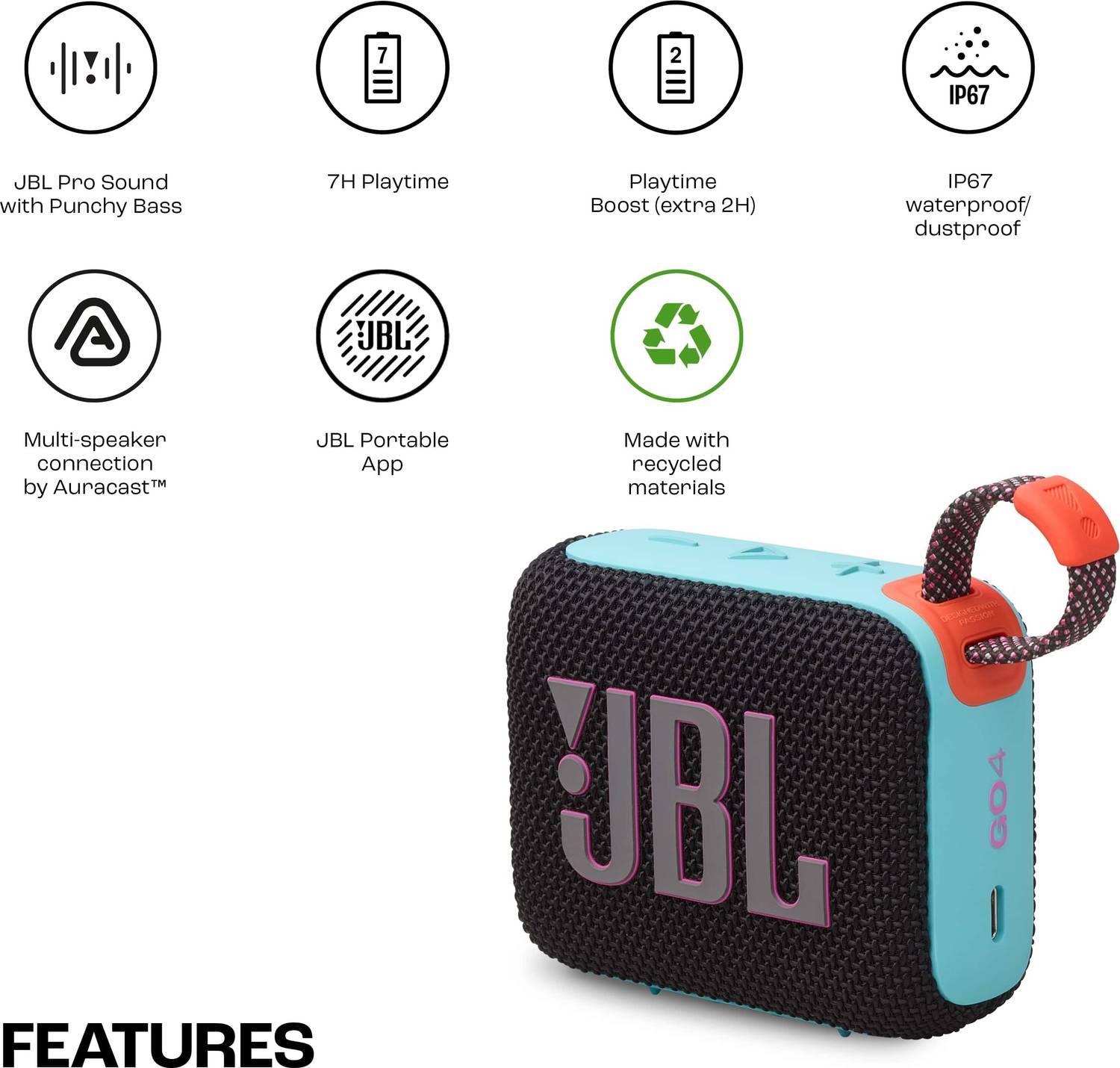 JBL Go 4 Wireless Bluetooth Speaker (Black) - Image 2