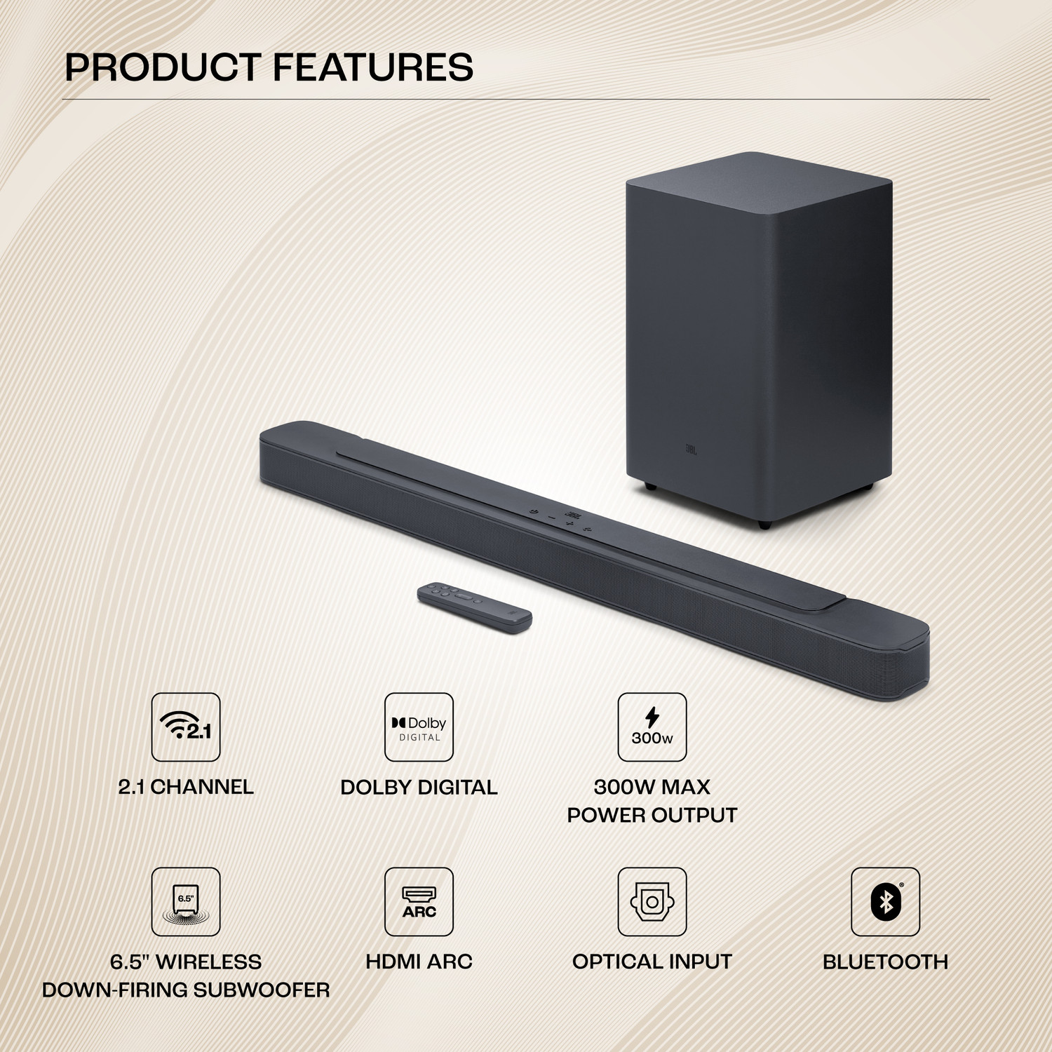 Image of JBL Bar 2.1 Deep Bass (MK2), Dolby Digital, Wireless 6.5 inch Subwoofer, HDMI 300 W Bluetooth Soundbar