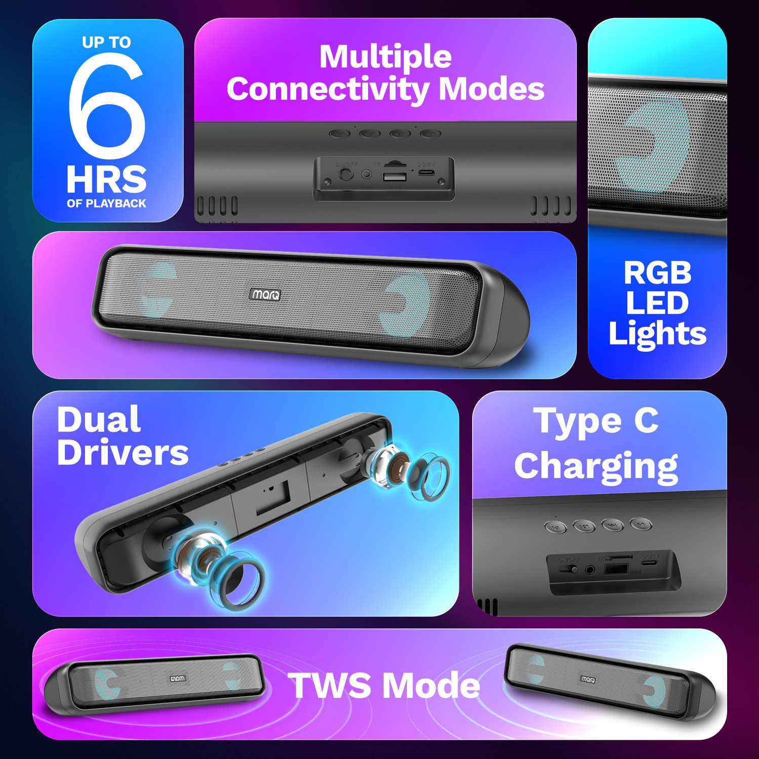 Image of MarQ by Flipkart Thunder with Dual Drivers, Upto 6Hrs of Playback, RGB LED lights 24 W Bluetooth Soundbar