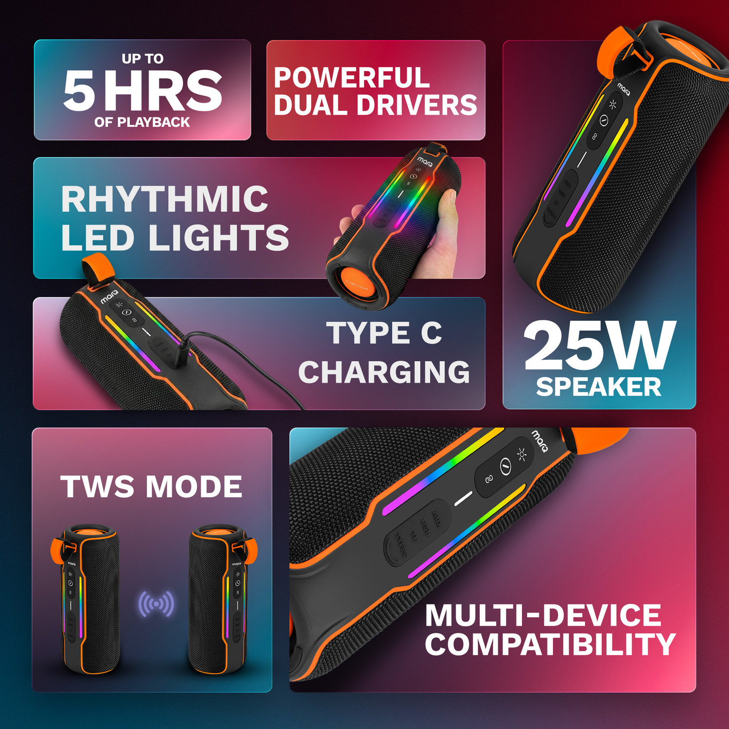 Image of MarQ by Flipkart Party Pod with Powerful Dual Drivers, Upto 5Hrs of Playback, TWS Mode 25 W Bluetooth Speaker