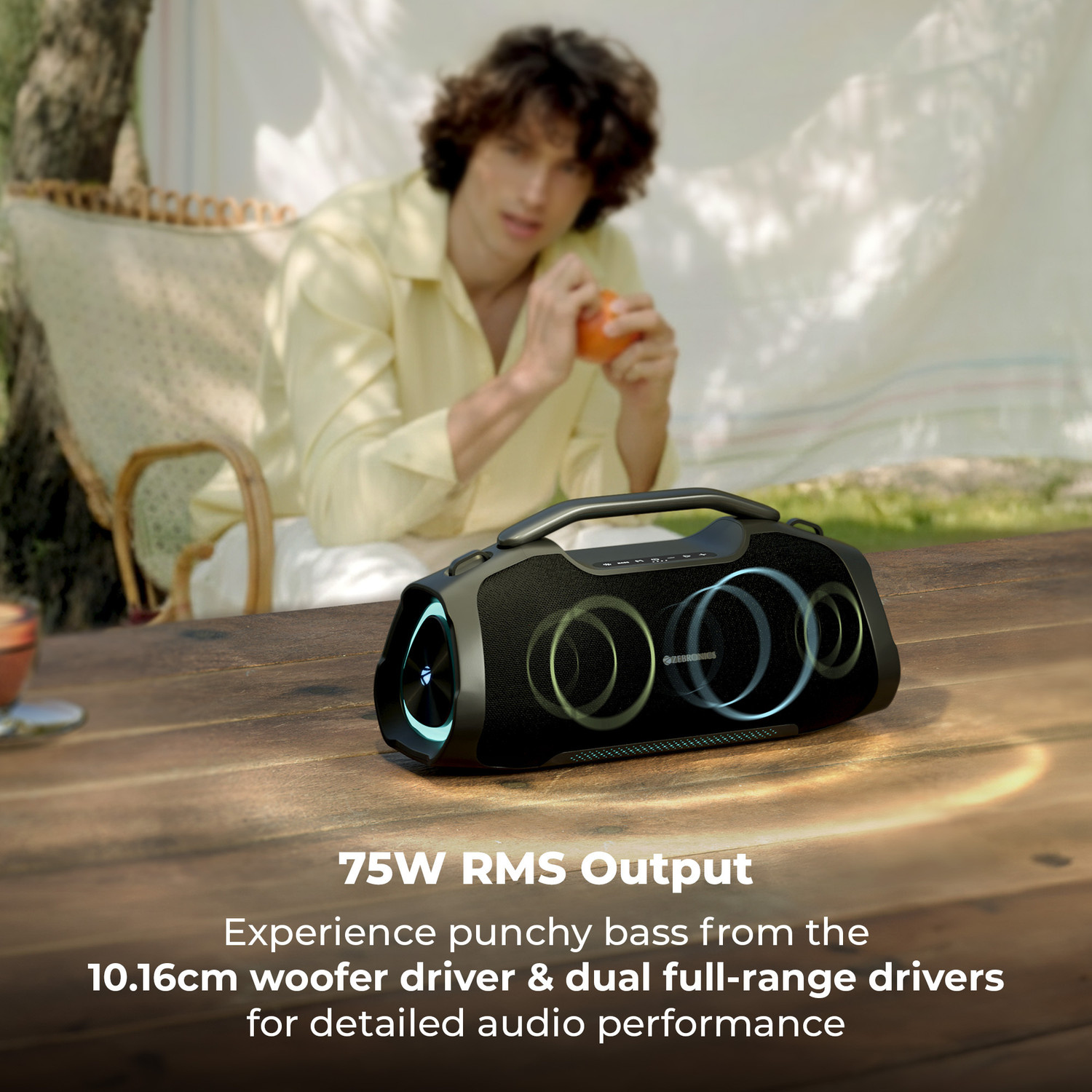 Image of ZEBRONICS Sound Feast 550, Upto 5hrs Playback, Dual Drivers, Subwoofer, TWS, RGB, Type-C 75 W Bluetooth Party Speaker