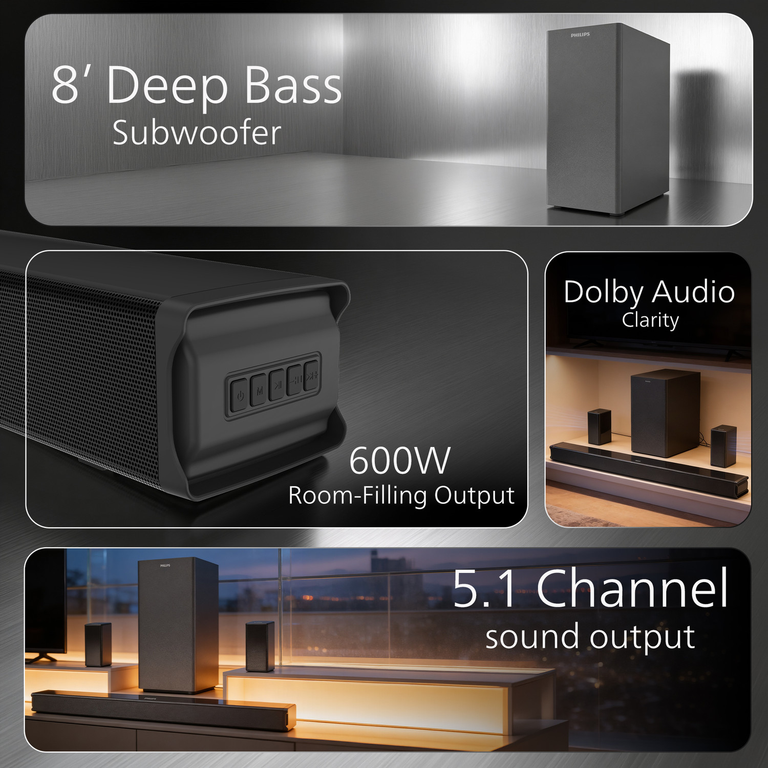 Image of PHILIPS Philips TAB5651 /94 8 Inch Subwoofer Bluetooth,HDMI ARC,USB&Optical Connectivity 600 W Bluetooth Soundbar