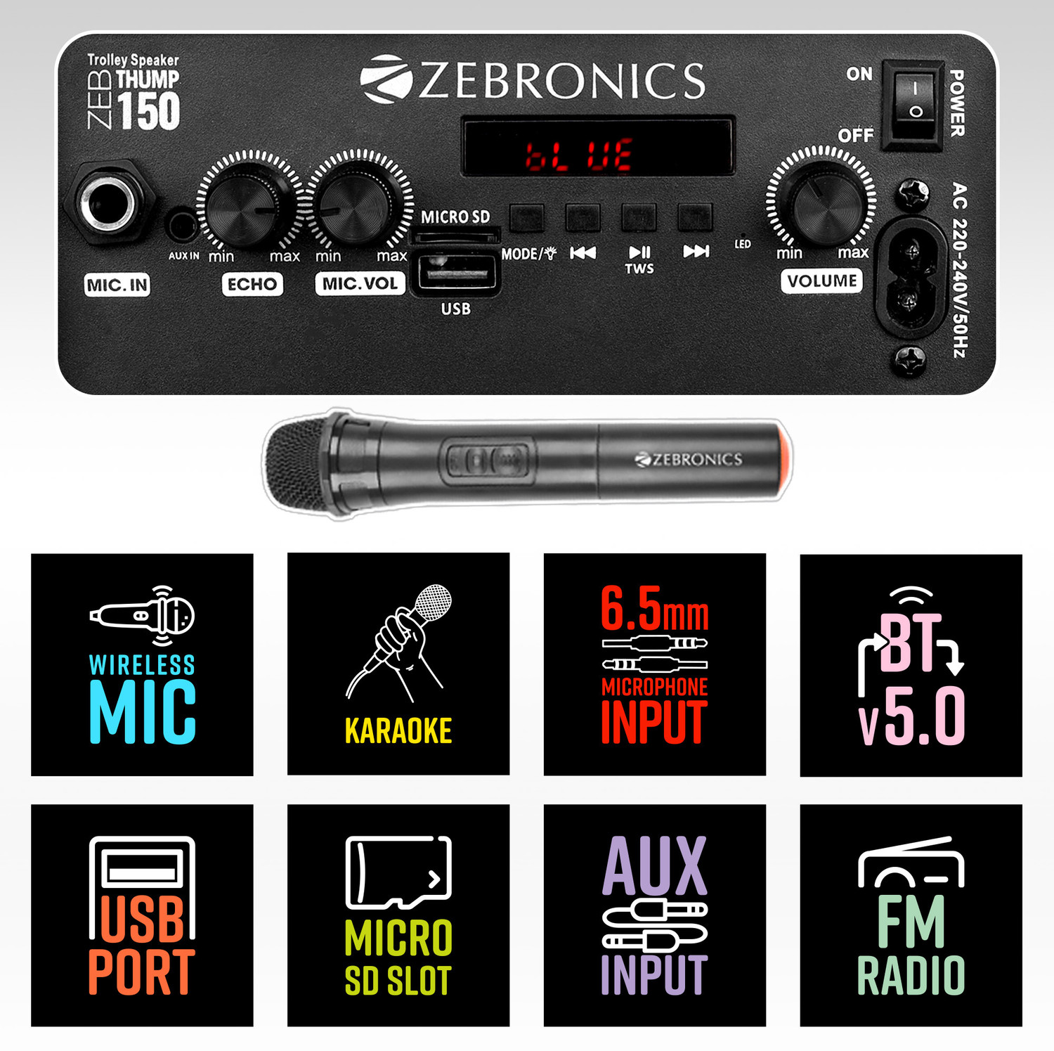 Image of ZEBRONICS Zeb-Thump 150 v5.0, LED Display & lights, RGB, wireless mic ,USB, mSD 24 W Bluetooth Party Speaker