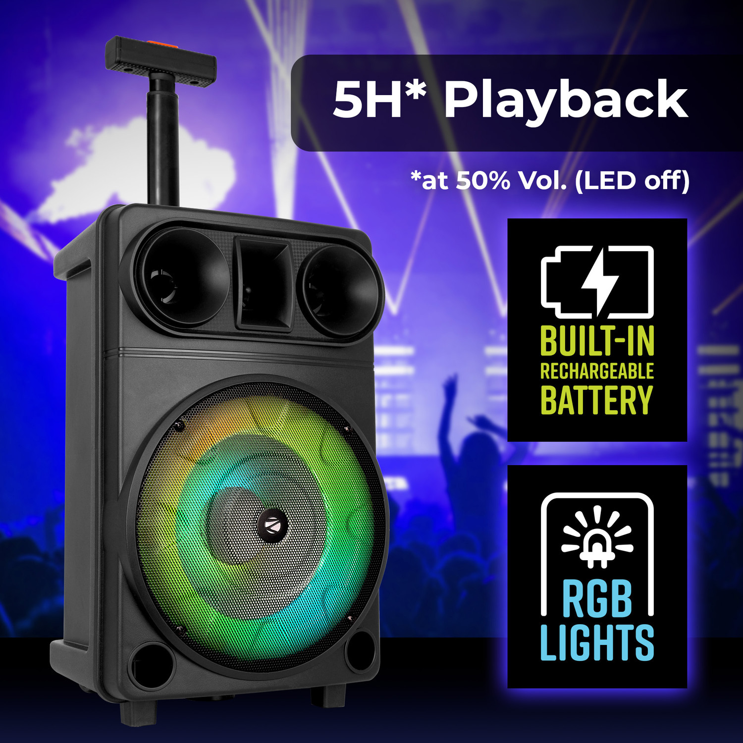 Image of ZEBRONICS Zeb-Thump 150 v5.0, LED Display & lights, RGB, wireless mic ,USB, mSD 24 W Bluetooth Party Speaker