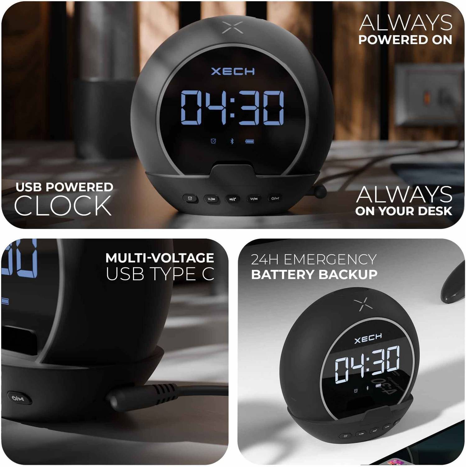 xech Digital LED Alarm Clock with Phone Holder Black - Image 3