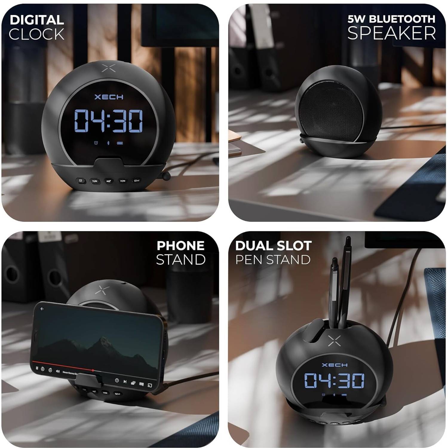 xech Digital LED Alarm Clock with Phone Holder Black - Image 2