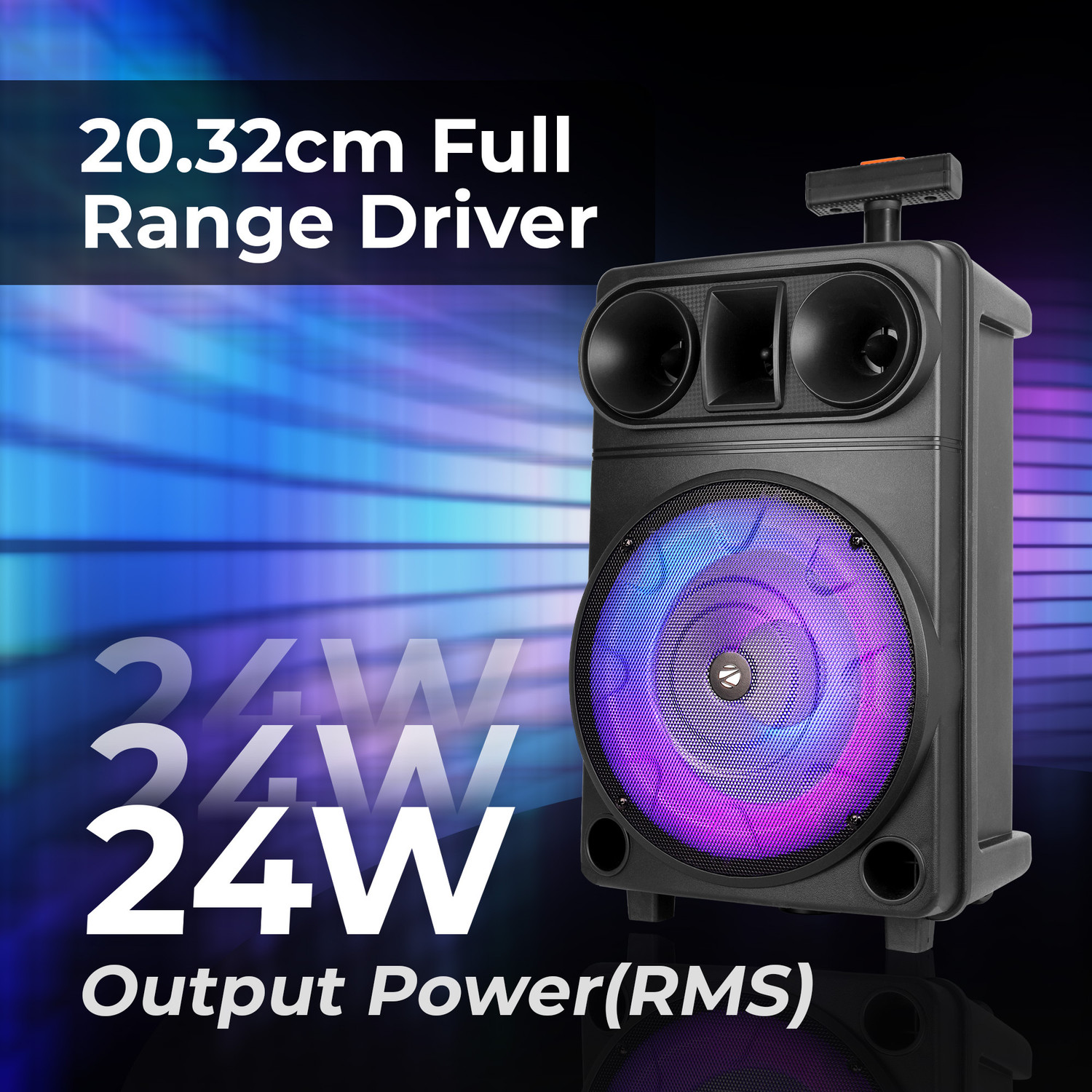 Image of ZEBRONICS Zeb-Thump 150 v5.0, LED Display & lights, RGB, wireless mic ,USB, mSD 24 W Bluetooth Party Speaker