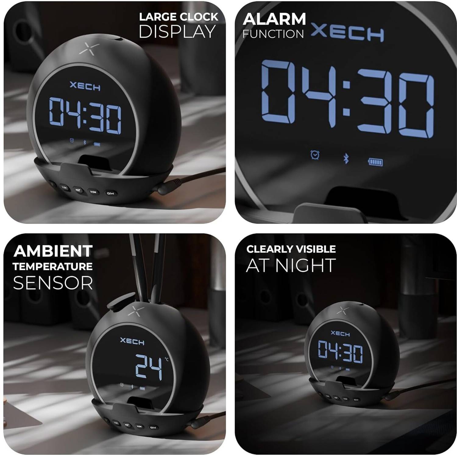 xech Digital LED Alarm Clock with Phone Holder Black - Image 4
