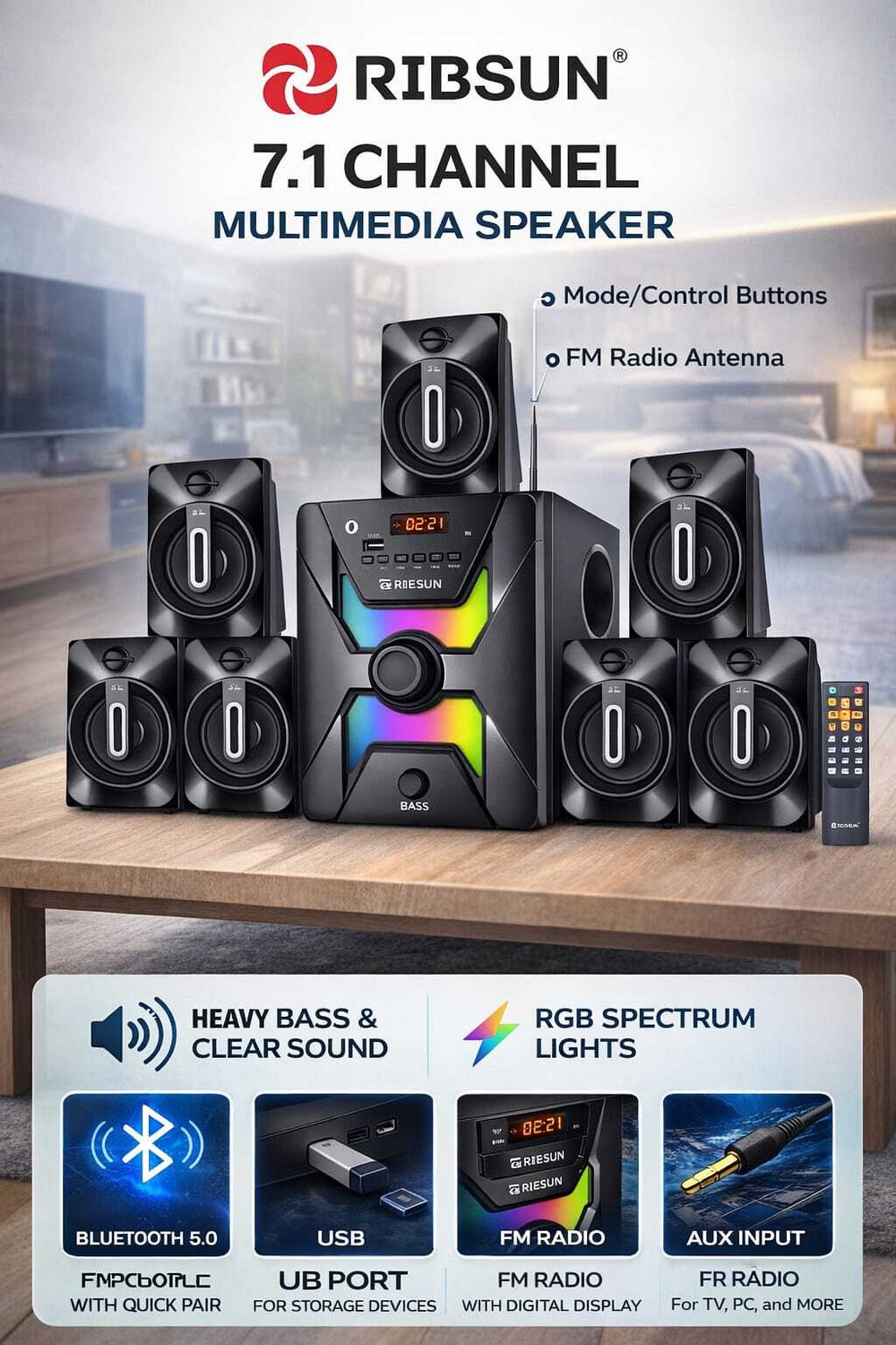 Image of RIBSUN Blaster 90W Bluetooth 7.1 Home Theatre 90w Output, USB, Aux, Line input, FM 90 W Bluetooth Home Theatre