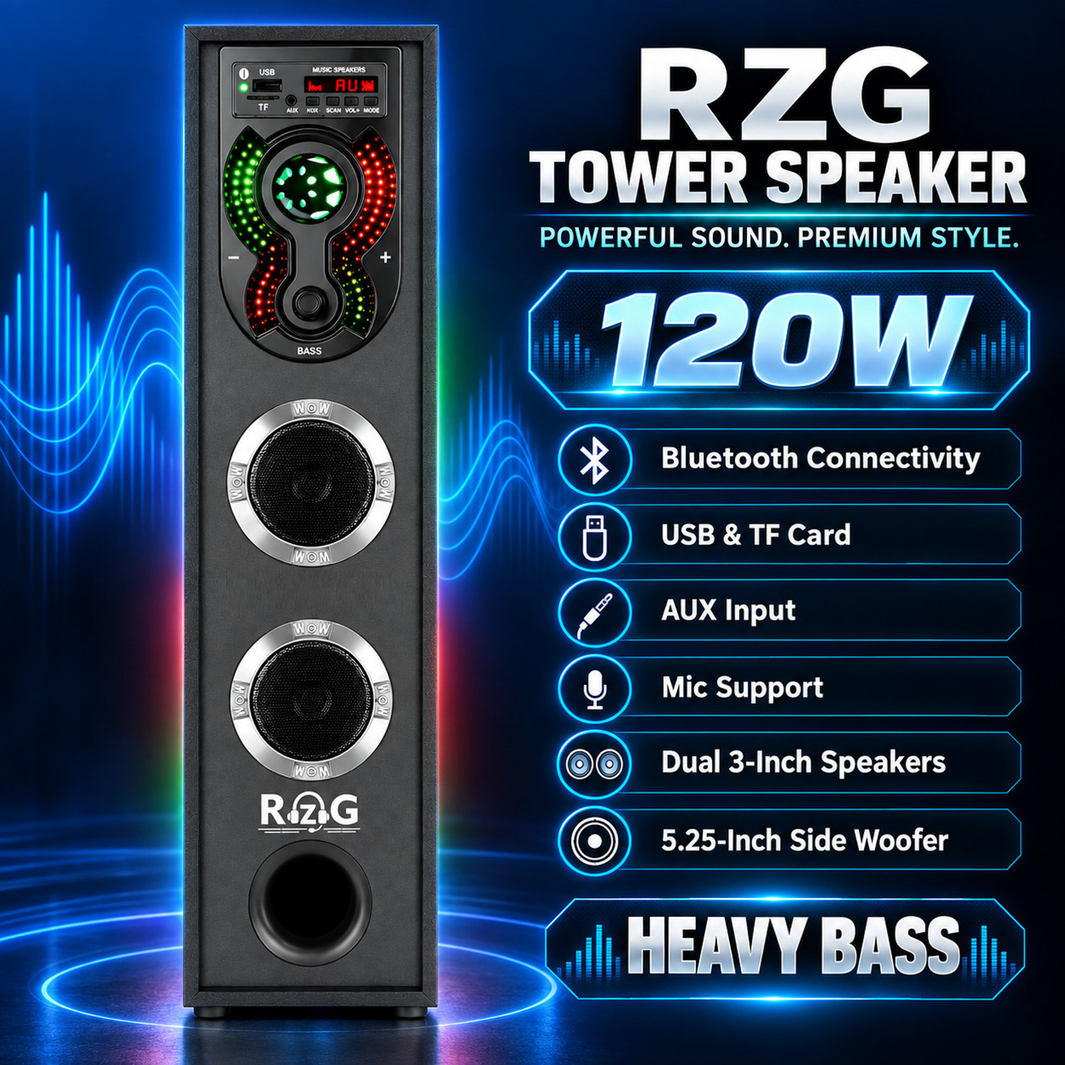 Image of RZG L-8 DJ High Bass Tower Speaker Bluetooth Speaker 120 W Bluetooth Party Speaker