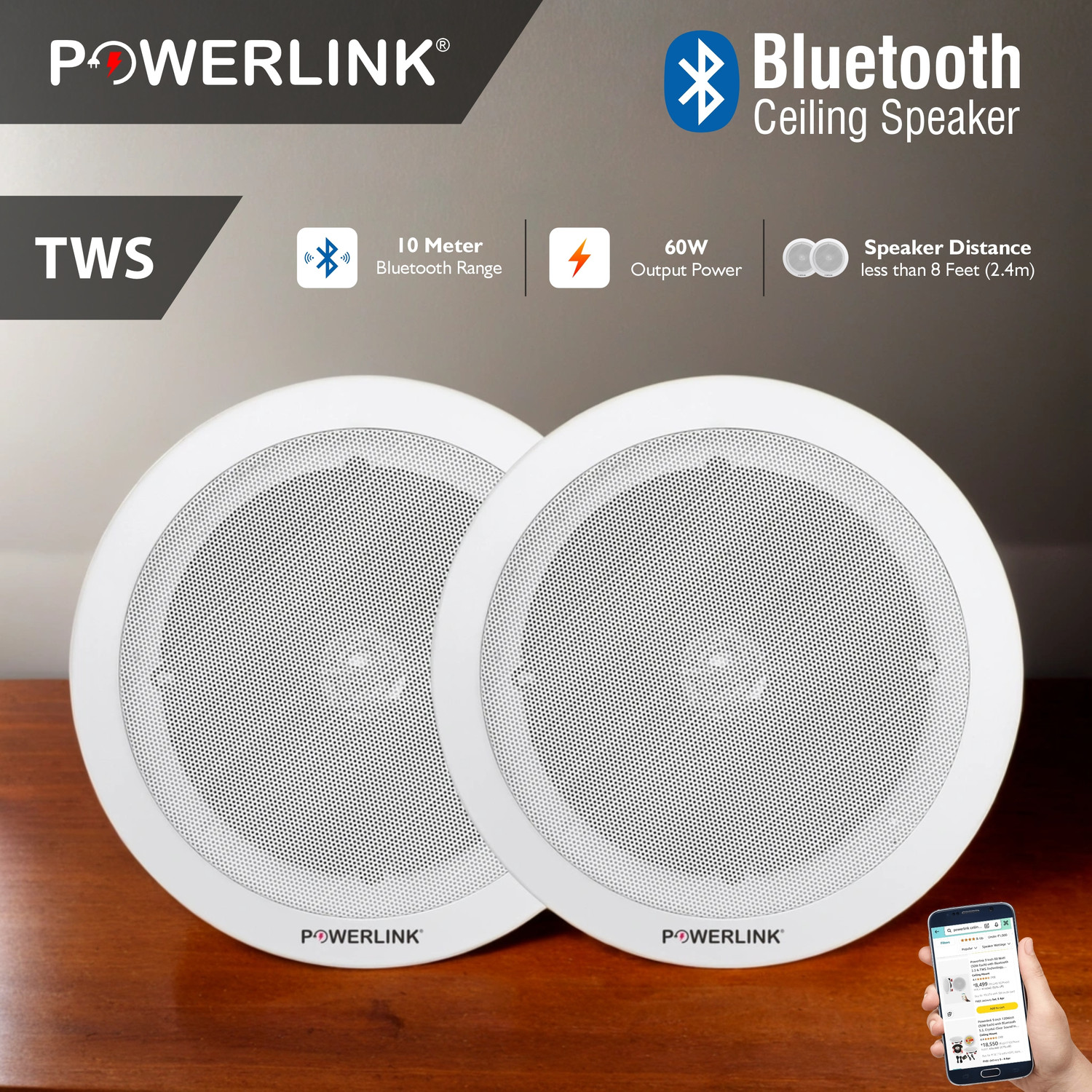 Image of Powerlink 9 inch Bluetooth Ceiling Speakers TWS Technology (30W EACH) 60 W Bluetooth Home Theatre