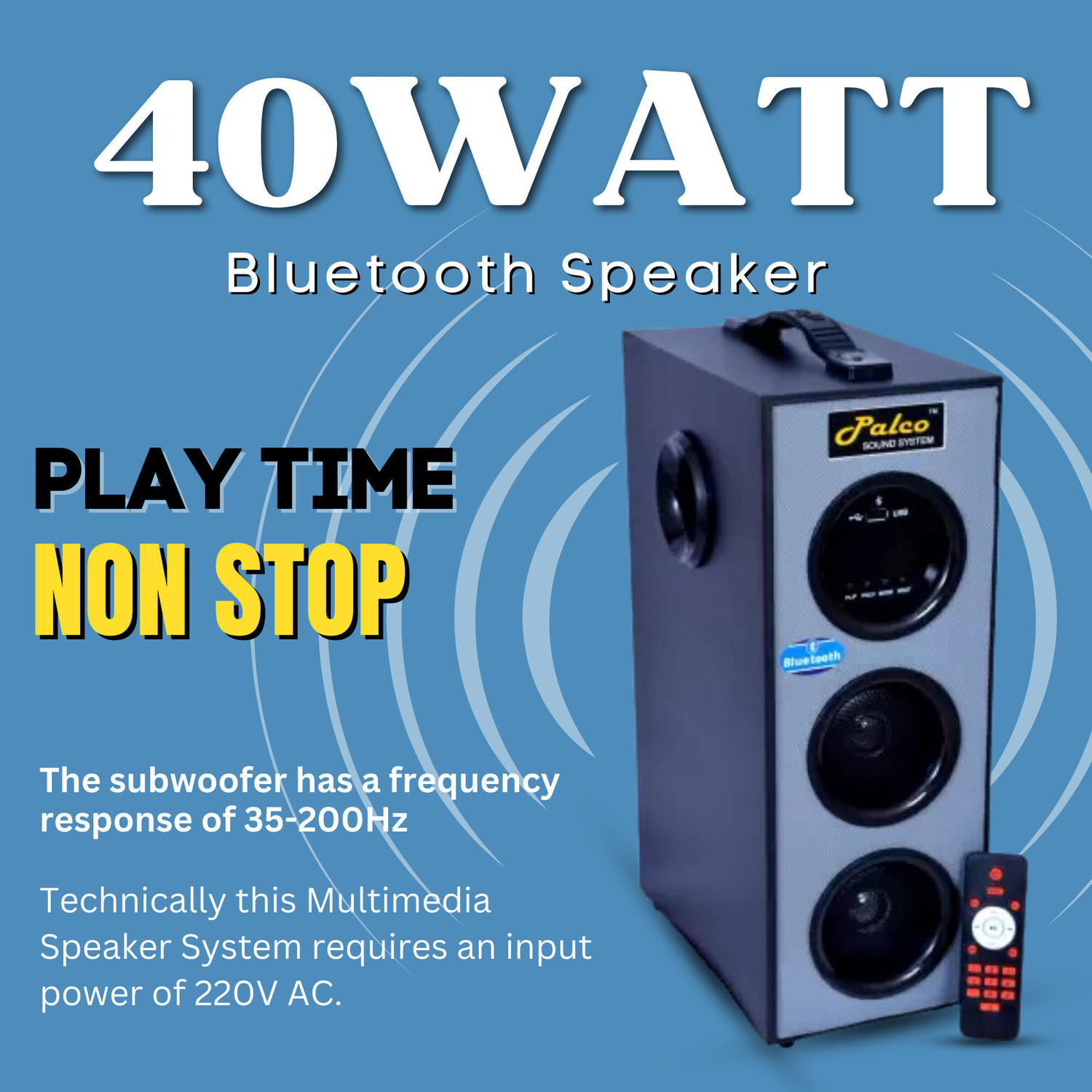 Image of palco sound system PLC1001 Single Tower Multimedia Speaker System with Remote, USB 40 W Bluetooth Home Theatre