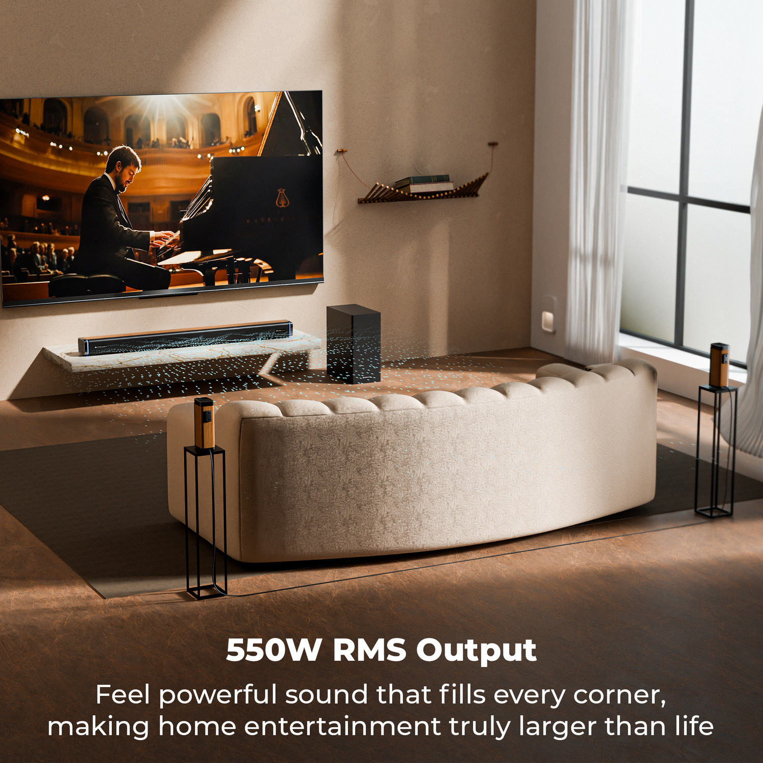 Image of ZEBRONICS Juke Bar 9530 Dolby Audio Wired Subwoofer & Dual Rear Satellites, Wooden Finish 550 W Bluetooth Soundbar