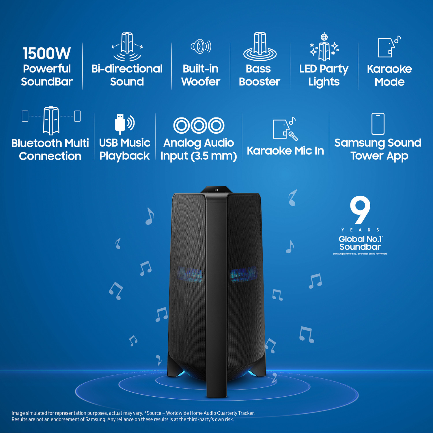 Image of Samsung Sound Tower {MX-T70 /XL} Built-in Subwoofer, Bluetooth, USB, Karaoke Enabled 1500 W Bluetooth Party Speaker