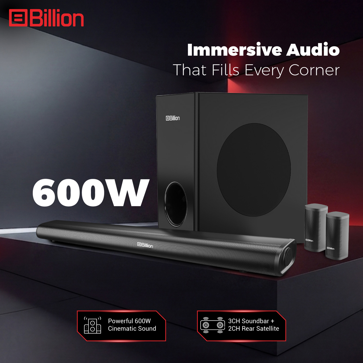 Image of Billion Thunder 600, 600 Watts, 5.1 Channel, Immersive cinematic experience, EQ Modes 600 W Bluetooth Soundbar