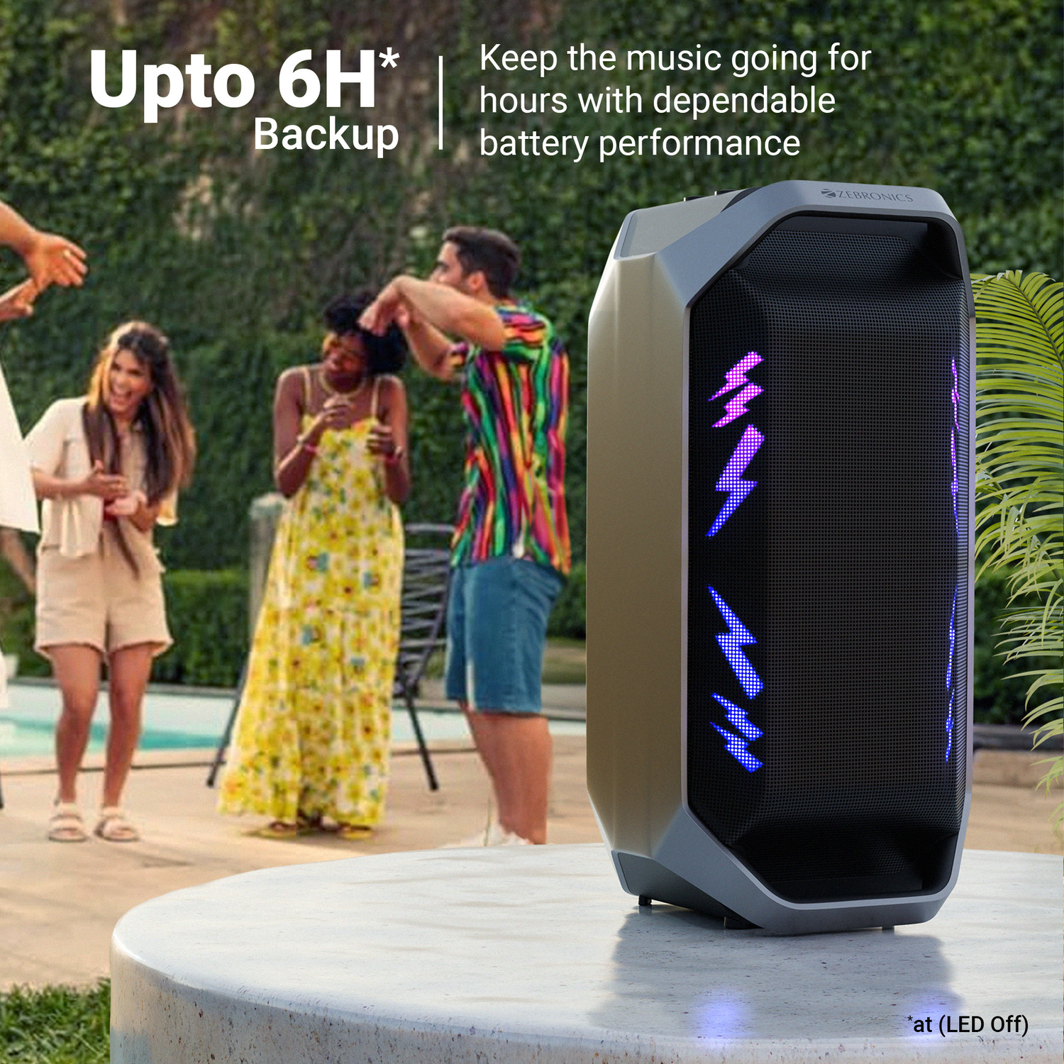 Image of ZEBRONICS Party fyre 110,Up to 6hrs Backup, Dual Drivers, Wireless Karaoke Mic, BTv5.3,TWS 110 W Bluetooth Party Speaker