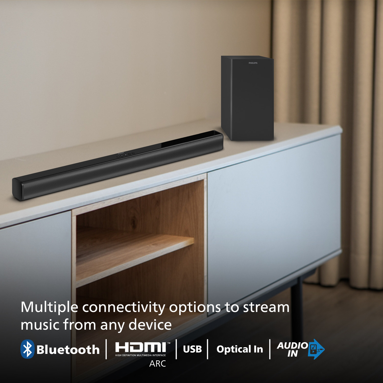 Image of PHILIPS TAB4329 /94 With Subwoofer for Rich Bass, 3 EQ modes, Bluetooth /HDMI /USB /Optical 100 W Bluetooth Soundbar