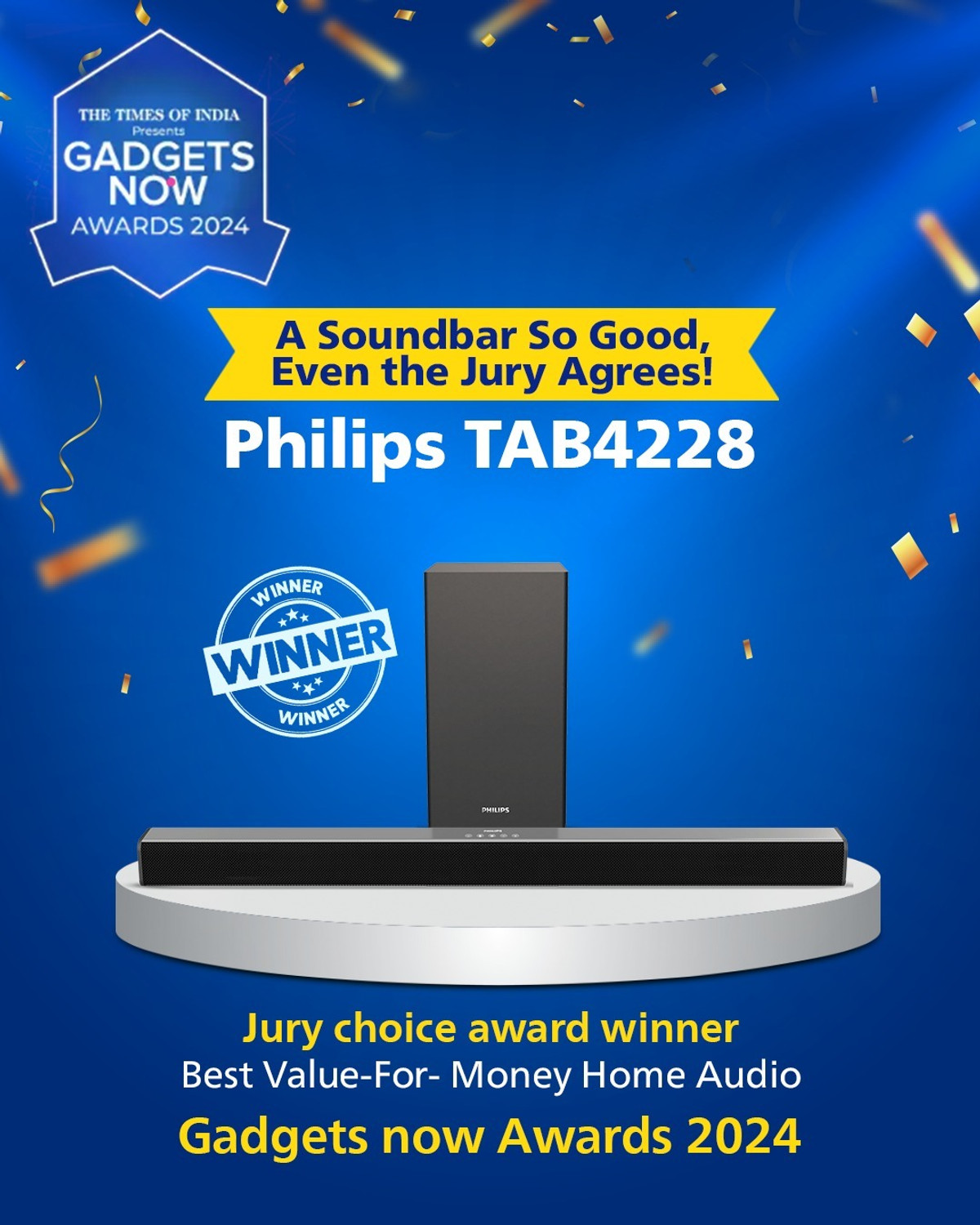 Image of PHILIPS TAB4228 /94 With Subwoofer, Rich Bass, 3EQ Modes, BT /HDMI /USB /Optical /Coaxial /AUX 160 W Bluetooth Soundbar
