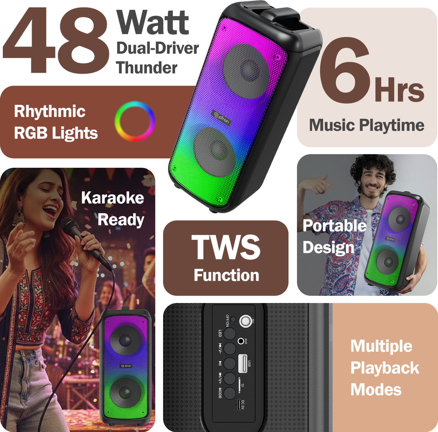 Image of PTron Fusion Beats w / Pristine Sound, Rhythmic RGB Lights, 6hrs Playtime, Portable 48 W Bluetooth Party Speaker