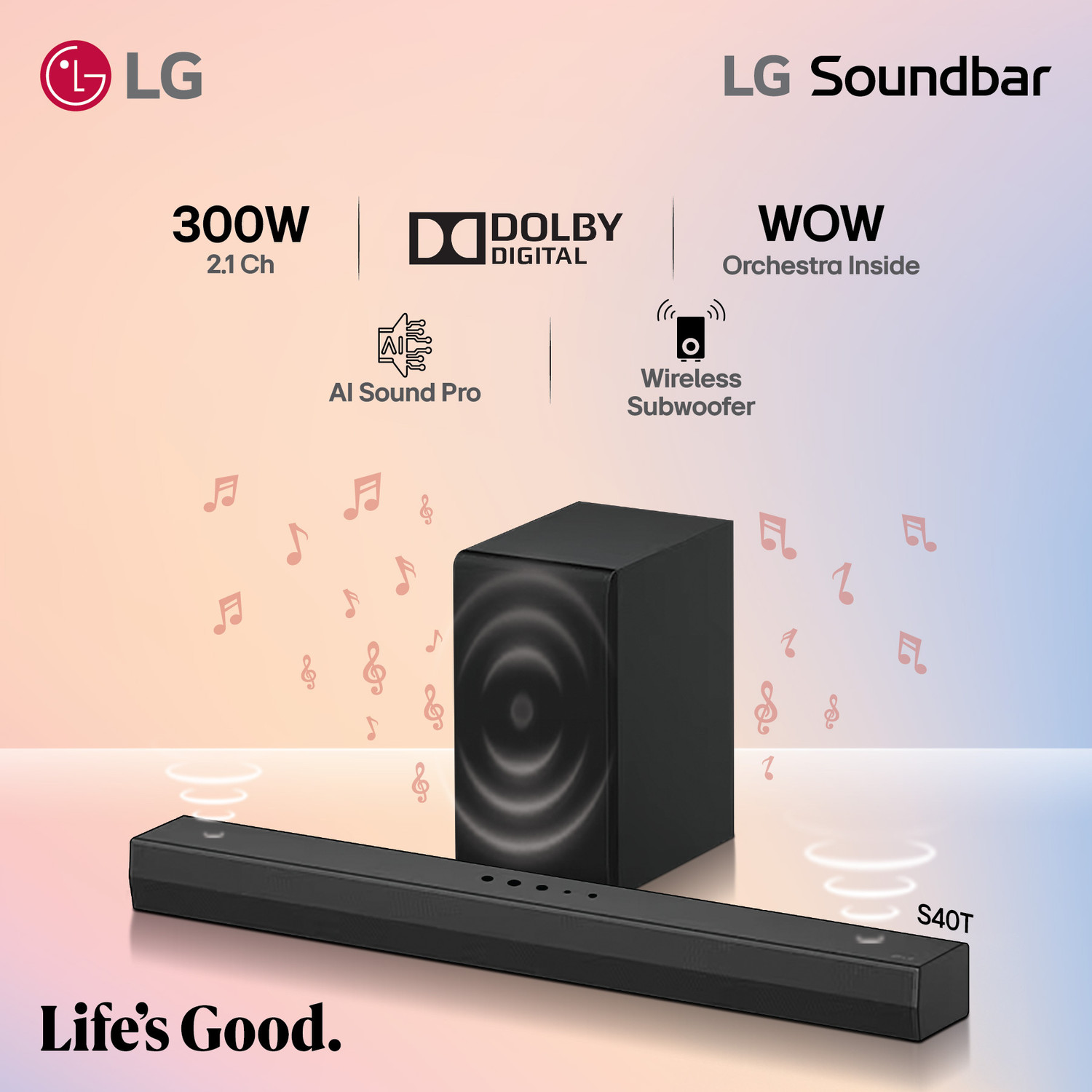 Image of LG S40T, WOW Interface, AI Sound Pro, Dolby Digital, Immersive Surround Sound 300 W Bluetooth Soundbar
