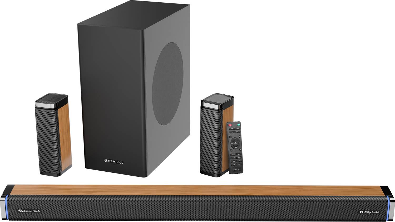 ZEBRONICS Juke Bar 9530 Dolby Audio Wired Subwoofer & Dual Rear Satellites, Wooden Finish 550 W Bluetooth Soundbar Rs. 7999 - Flipkart