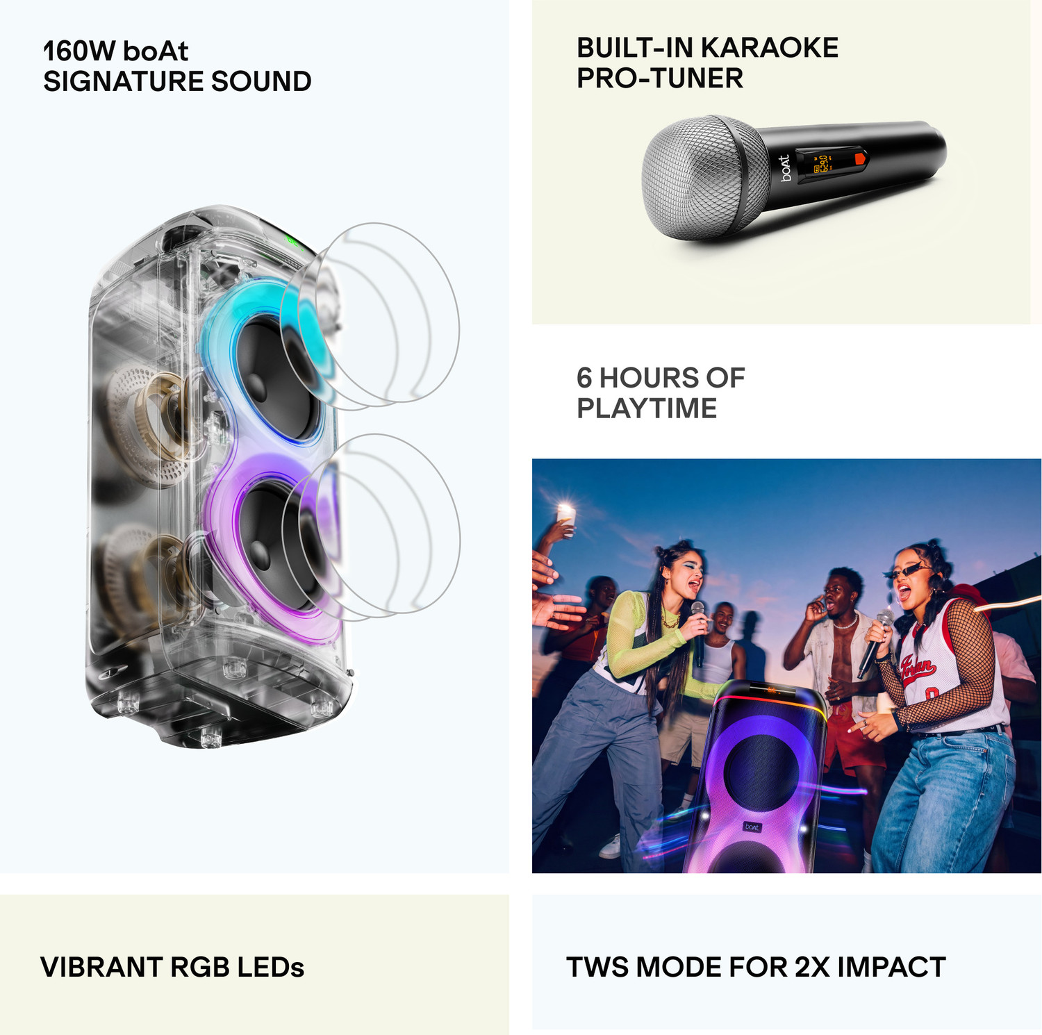 Image of boAt PartyPal 390 Plus,Karaoke Auto-Tuner,UHF Mic,RGB LED,TWS Mode,Guitar Input Port 160 W Bluetooth Tower Speaker