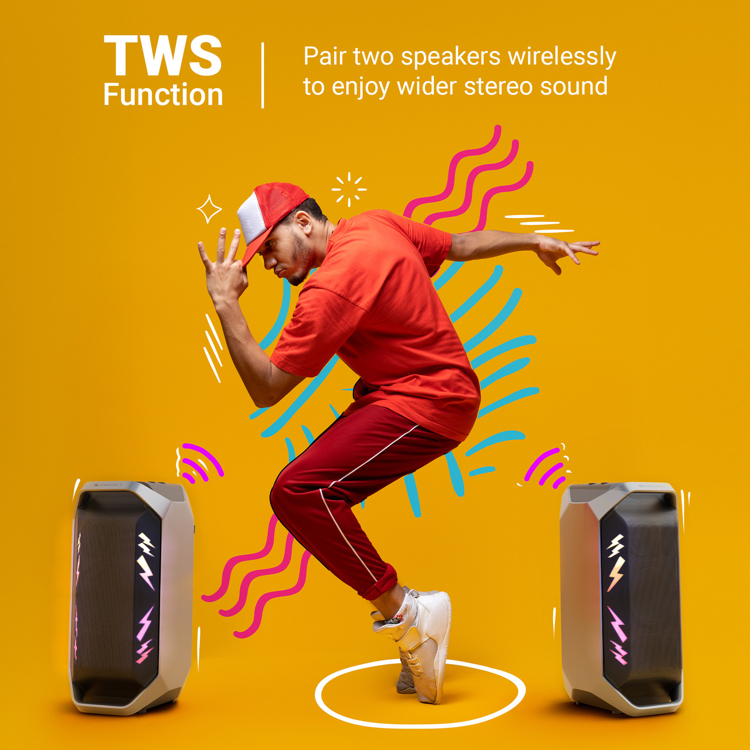 Image of ZEBRONICS Party fyre 110,Up to 6hrs Backup, Dual Drivers, Wireless Karaoke Mic, BTv5.3,TWS 110 W Bluetooth Party Speaker