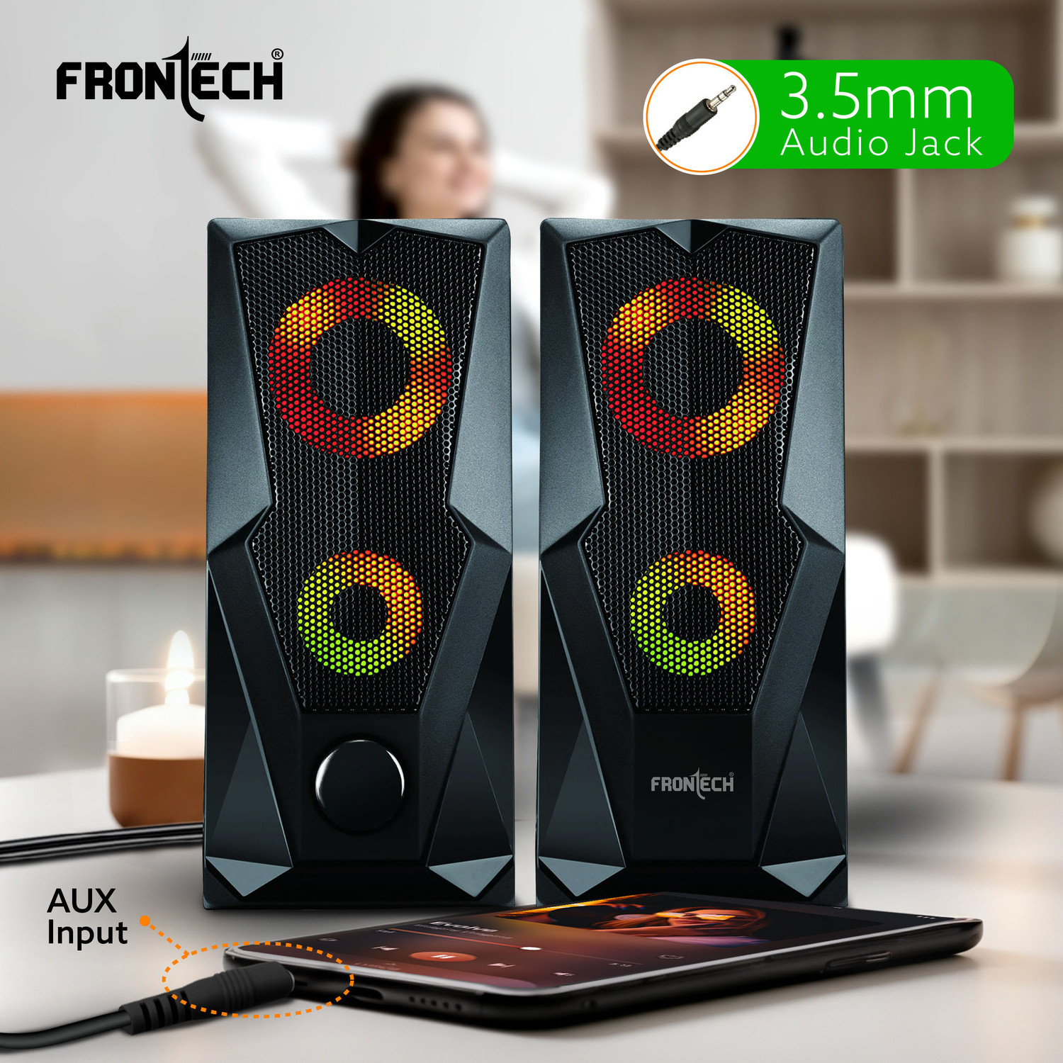 Image of Frontech 2.0 Multimedia Speakers - USB Powered | RGB Lighting | 3.5mm AUX | 12 W Laptop /Desktop Speaker