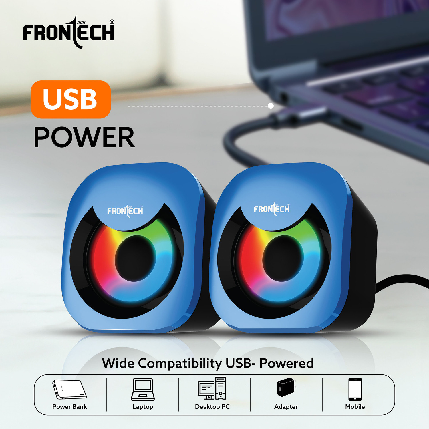 Image of Frontech 2.0 Multimedia Speakers | RGB Lighting | USB-Powered | 3.5mm AUX | 8 W Laptop /Desktop Speaker