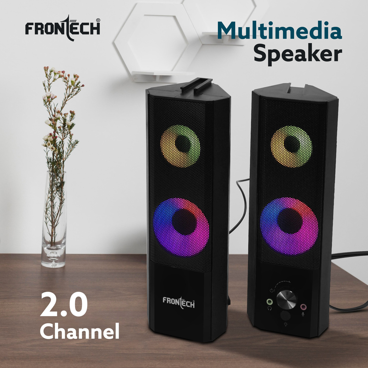 Image of Frontech 2.0 Multimedia Speaker | AUX /USB | RGB Lighting | Detachable Soundbar | 12 W Laptop /Desktop Speaker