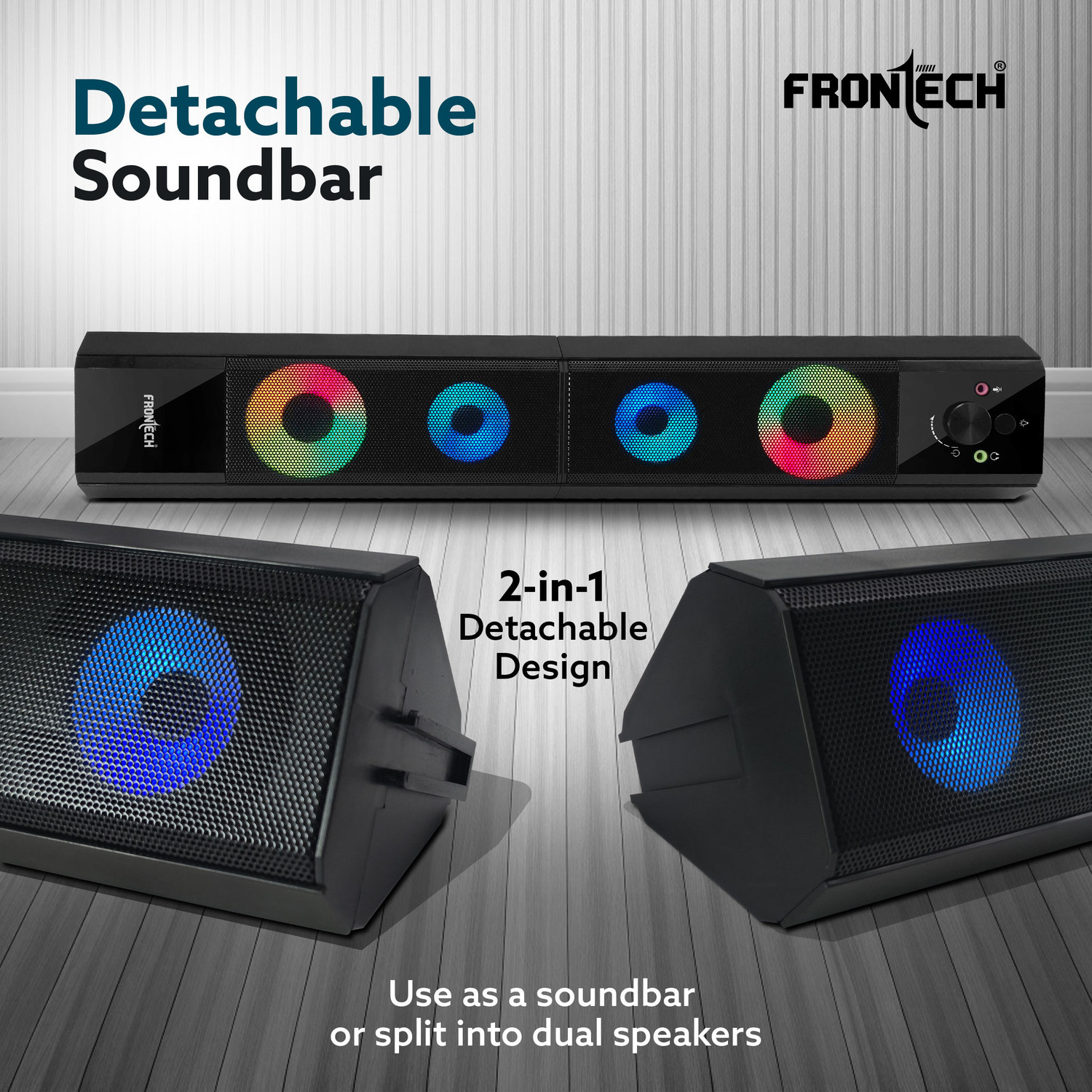 Image of Frontech 2.0 Multimedia Speaker | AUX /USB | RGB Lighting | Detachable Soundbar | 12 W Laptop /Desktop Speaker