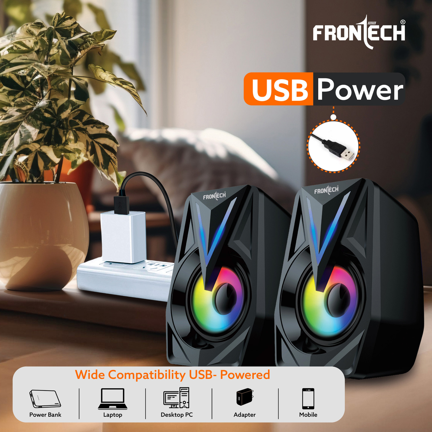 Image of Frontech Multimedia Speakers | Stereo Sound | RGB Lighting | USB Powered | 3.5mm AUX | 12 W Laptop /Desktop Speaker
