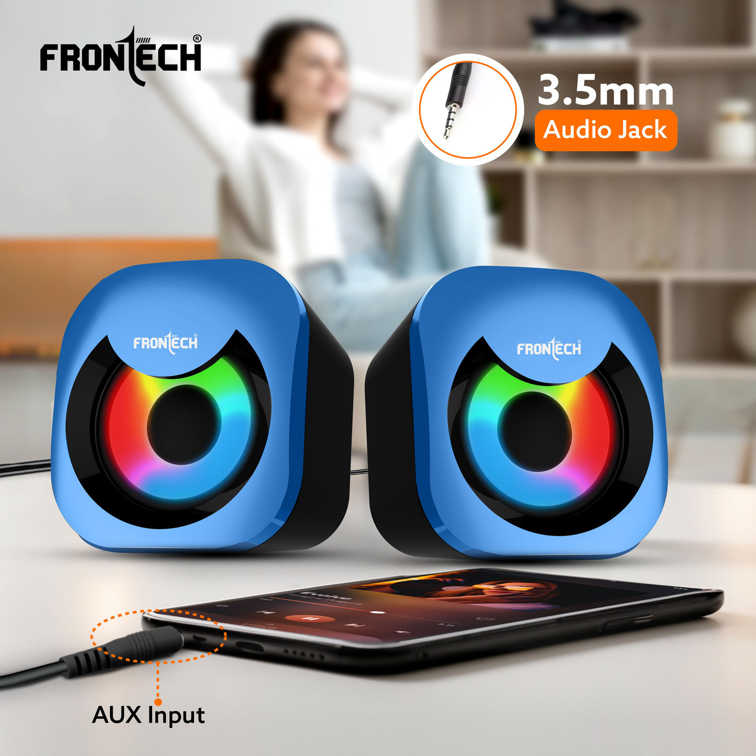 Image of Frontech 2.0 Multimedia Speakers | RGB Lighting | USB-Powered | 3.5mm AUX | 8 W Laptop /Desktop Speaker
