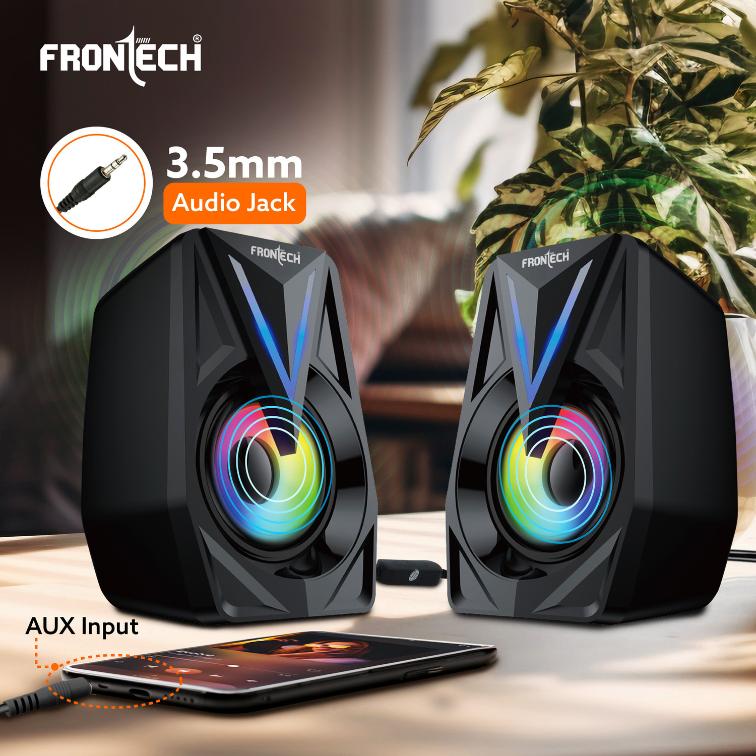 Image of Frontech Multimedia Speakers | Stereo Sound | RGB Lighting | USB Powered | 3.5mm AUX | 12 W Laptop /Desktop Speaker