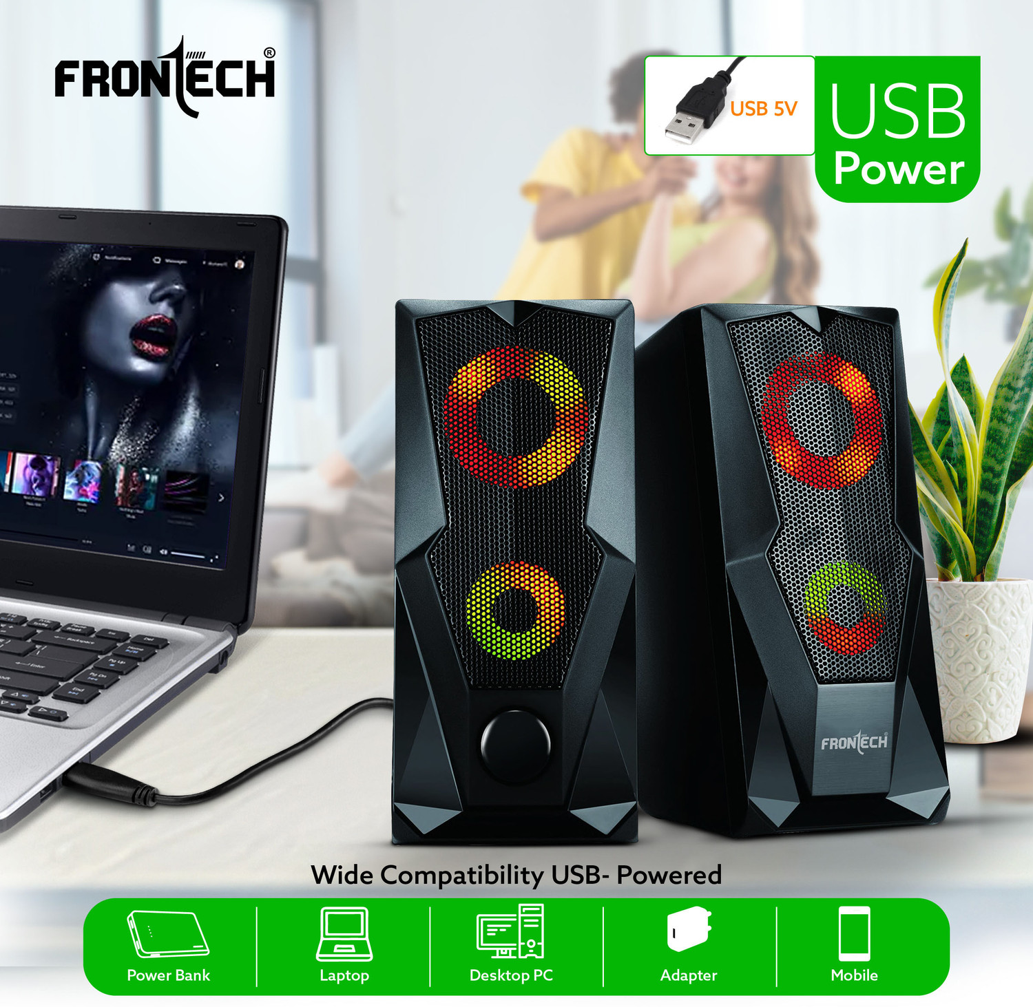 Image of Frontech 2.0 Multimedia Speakers - USB Powered | RGB Lighting | 3.5mm AUX | 12 W Laptop /Desktop Speaker