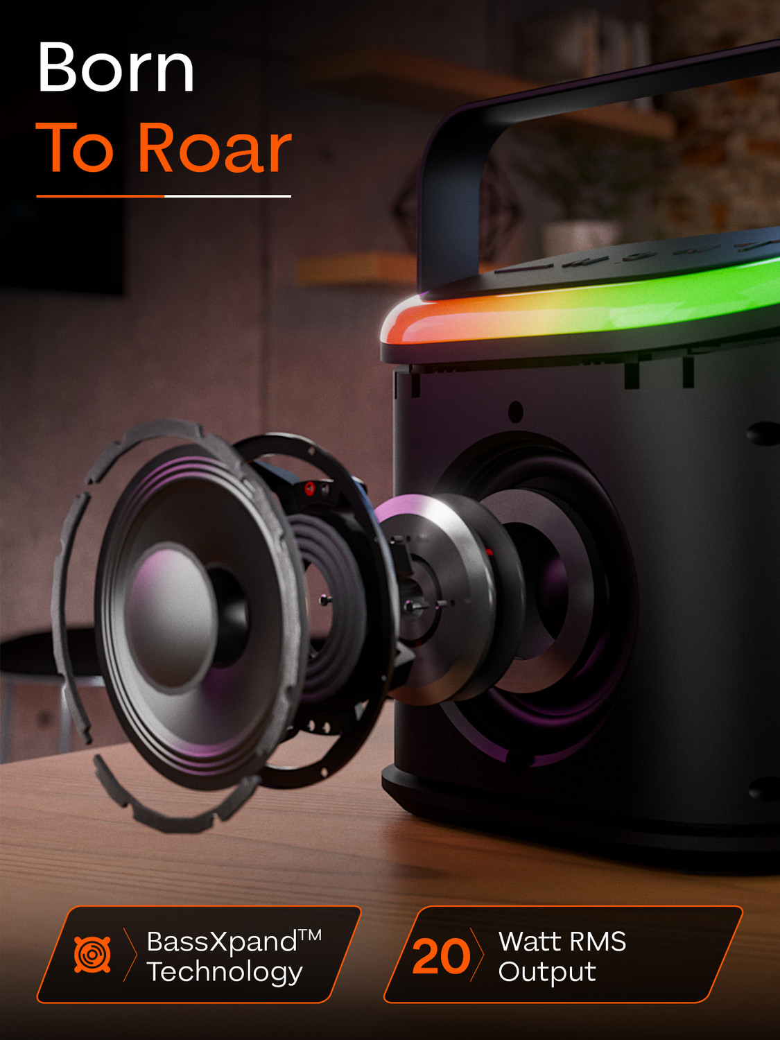 Image of TRIGGR Roar 20 with RGB Lights, Metal Mesh, TWS & FM Mode, 7H Playtime, BT v5.4,20W 20 W Bluetooth Speaker