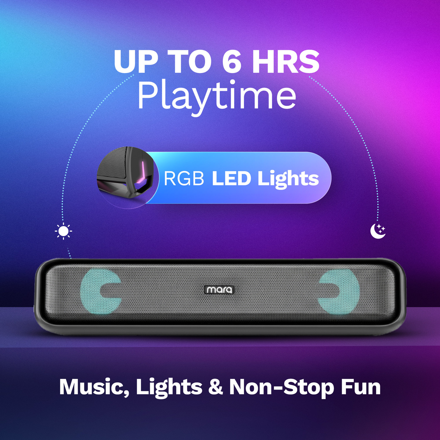 Image of MarQ by Flipkart Thunder with Dual Drivers, Upto 6Hrs of Playback, RGB LED lights 24 W Bluetooth Soundbar