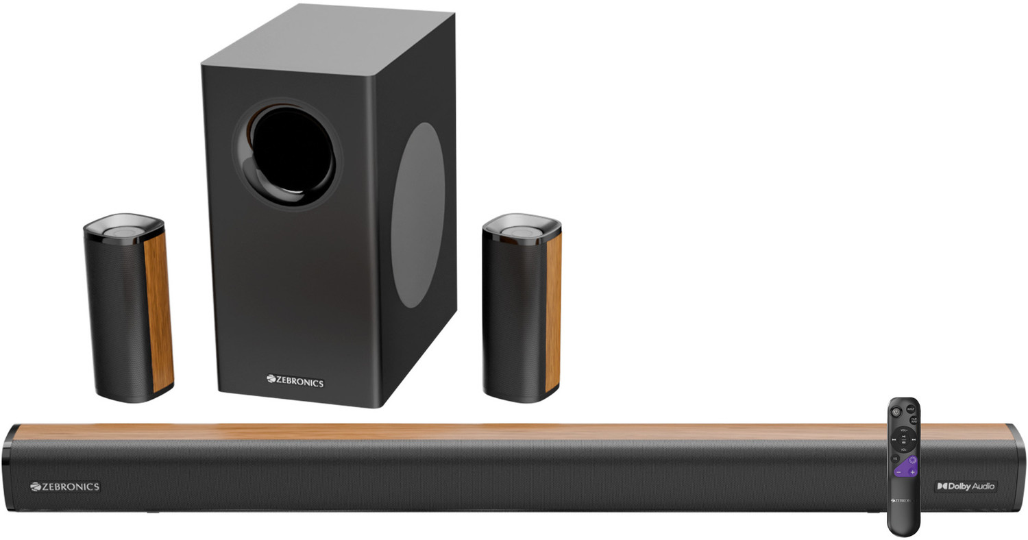 Image of ZEBRONICS Juke Bar 9451 Dolby Audio Wireless Subwoofer & Dual Satellite, Wooden Finish 600 W Bluetooth Soundbar