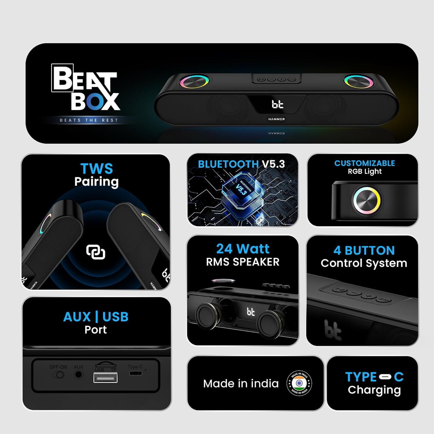 Image of BEATBOX 24W Output, RGB Lights, AUX, TWS Connectivity, Upto 8Hr Playtime by HAMMER 120 W Bluetooth Speaker