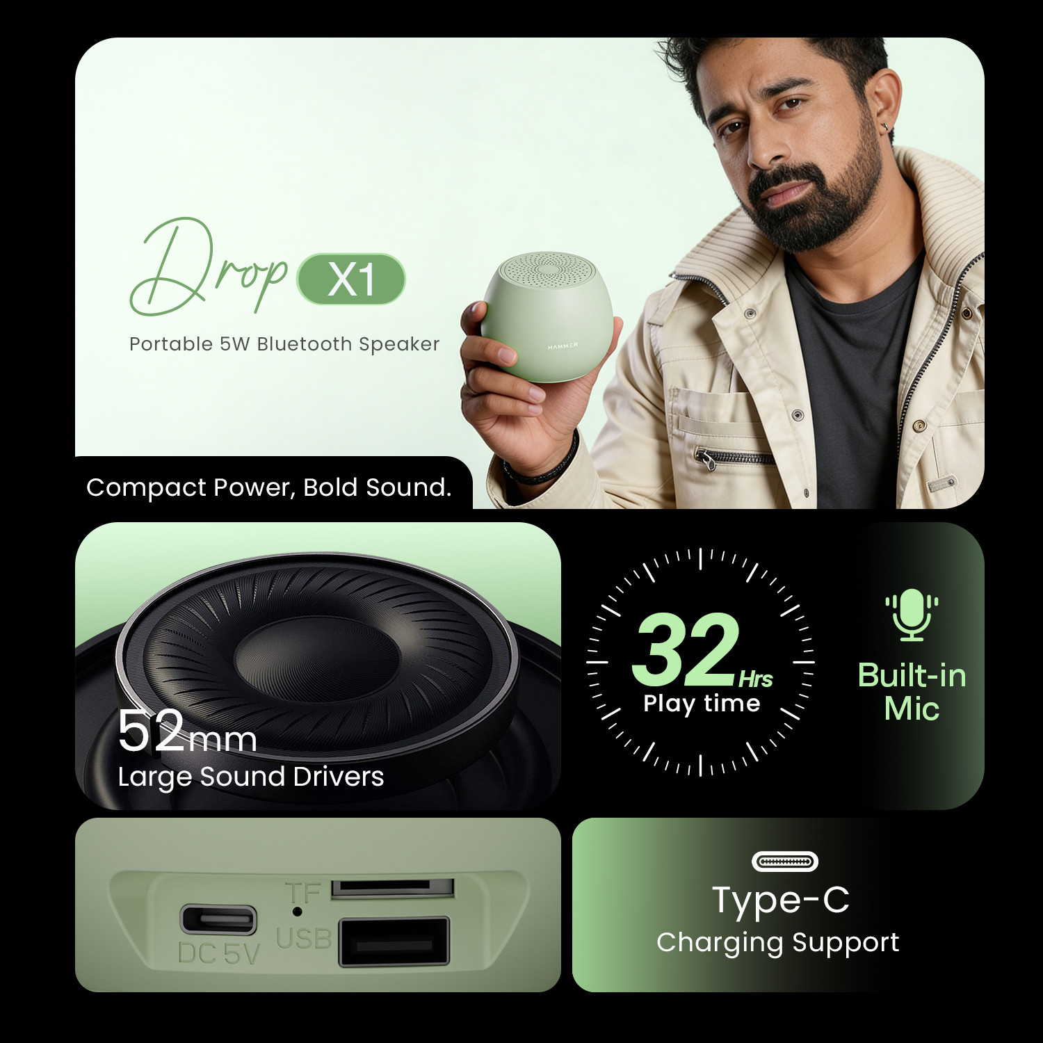 Image of Hammer Drop X1 5W Bluetooth Speaker with Twin Pairing, 100H StandBy Time, 52mm Drivers 5 W Bluetooth Speaker