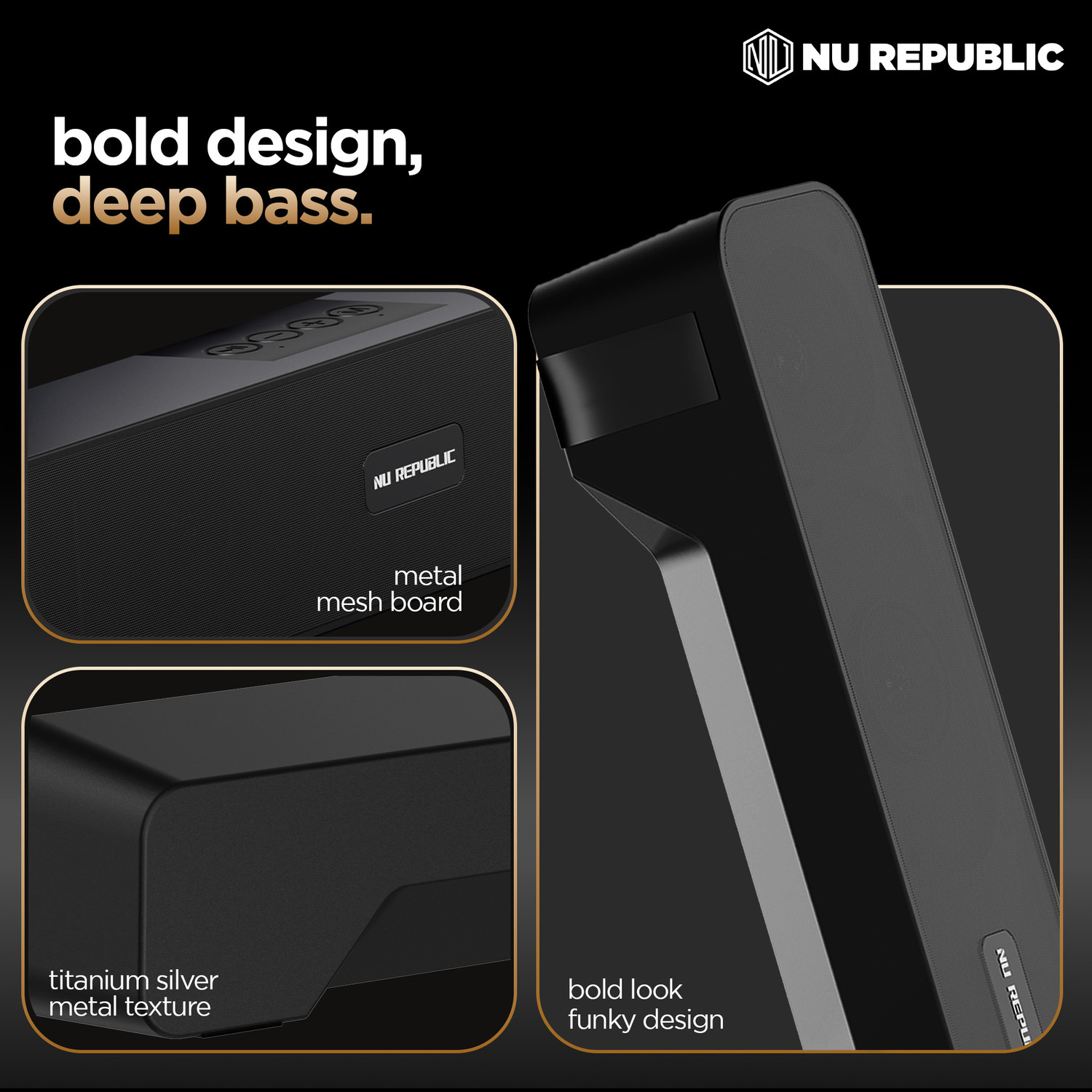 Image of Nu Republic 20 Upto 12 hrs Playtime with 52 mm Dynamic Drivers & X-BassTech 20 W Bluetooth Soundbar (Black, 2.0 Channel)
