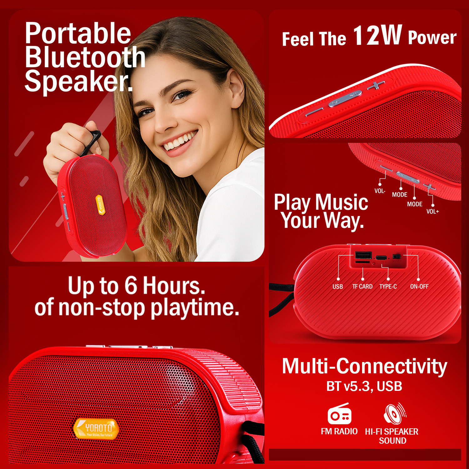 Image of YOROTO Wireless Portable Speaker, Super HD Sound and Deep Heavy Bass 12 W Bluetooth Speaker