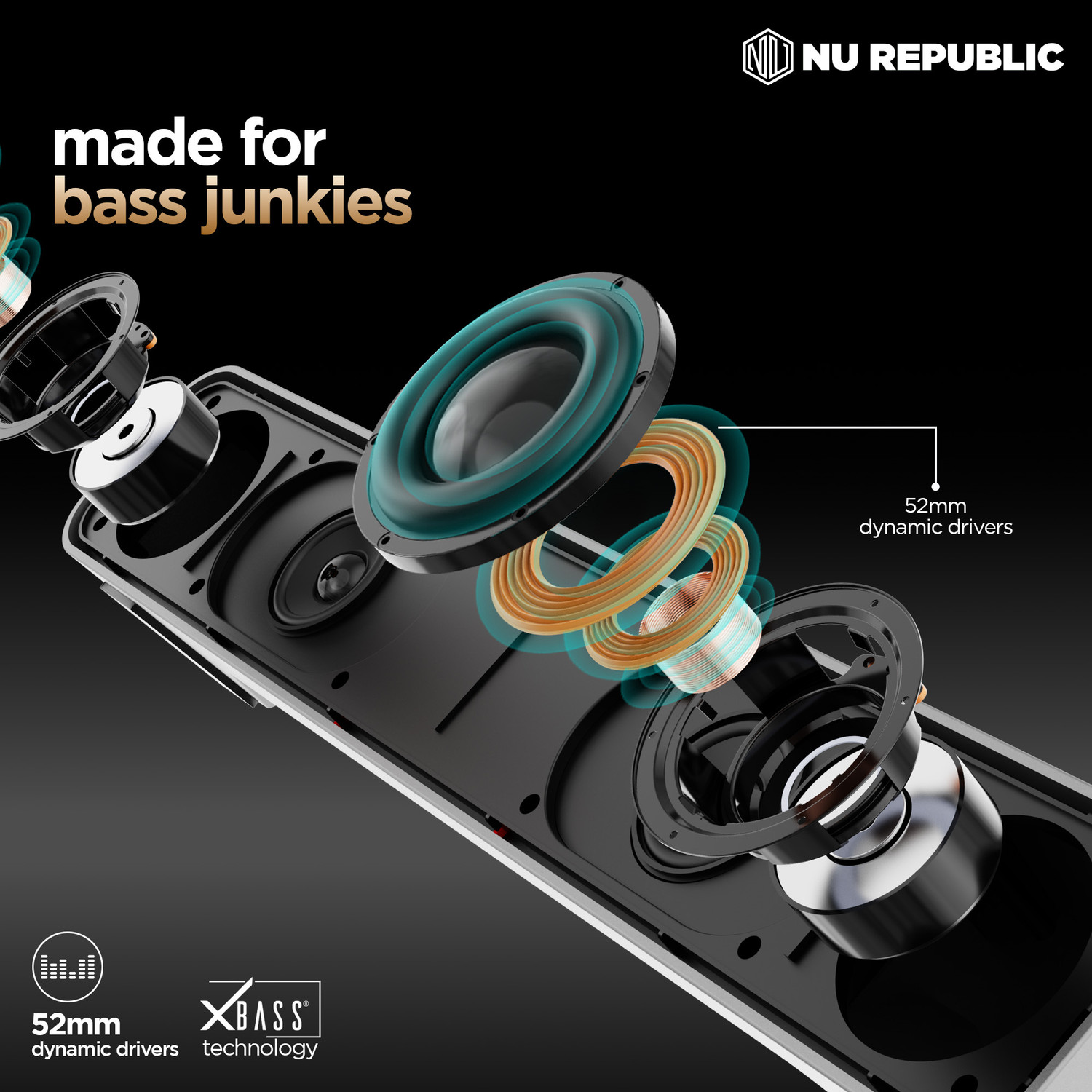 Image of Nu Republic 20 Upto 12 hrs Playtime with 52 mm Dynamic Drivers & X-BassTech 20 W Bluetooth Soundbar (Black, 2.0 Channel)