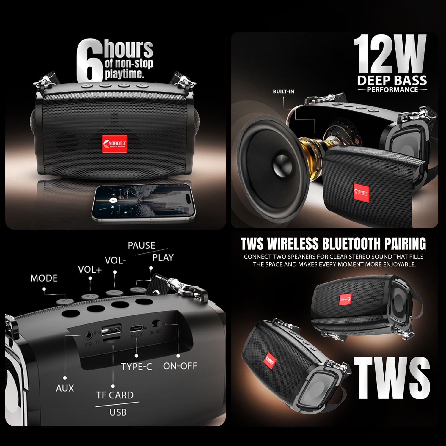 Image of YOROTO Wireless Portable Speaker with Clear Crystal Sound & Powerful bass 12 W Bluetooth Speaker